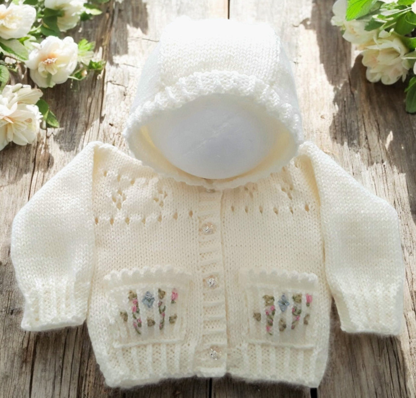 Elegant traditional Knit Baby Girl Hoodie with embroidered pockets