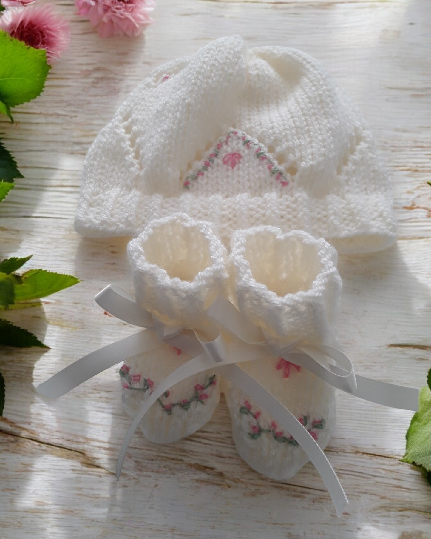 Hand Knitted Girls Cardigan with Delicate Lace Pattern & Silk Flower Embroidery
