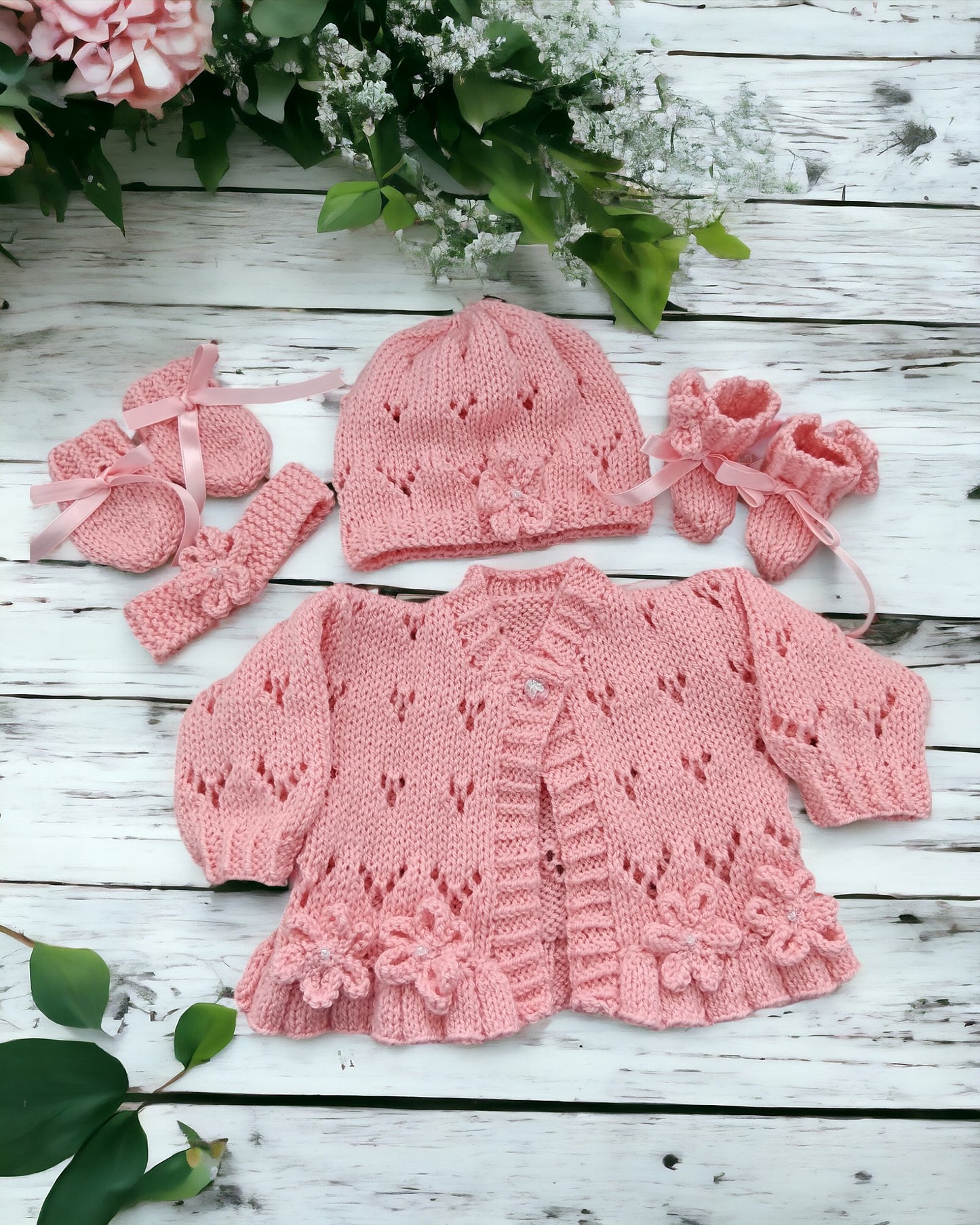Hand-Knitted Baby Girl Cardigan with Fluted Hem & Flower trim with headband and booties