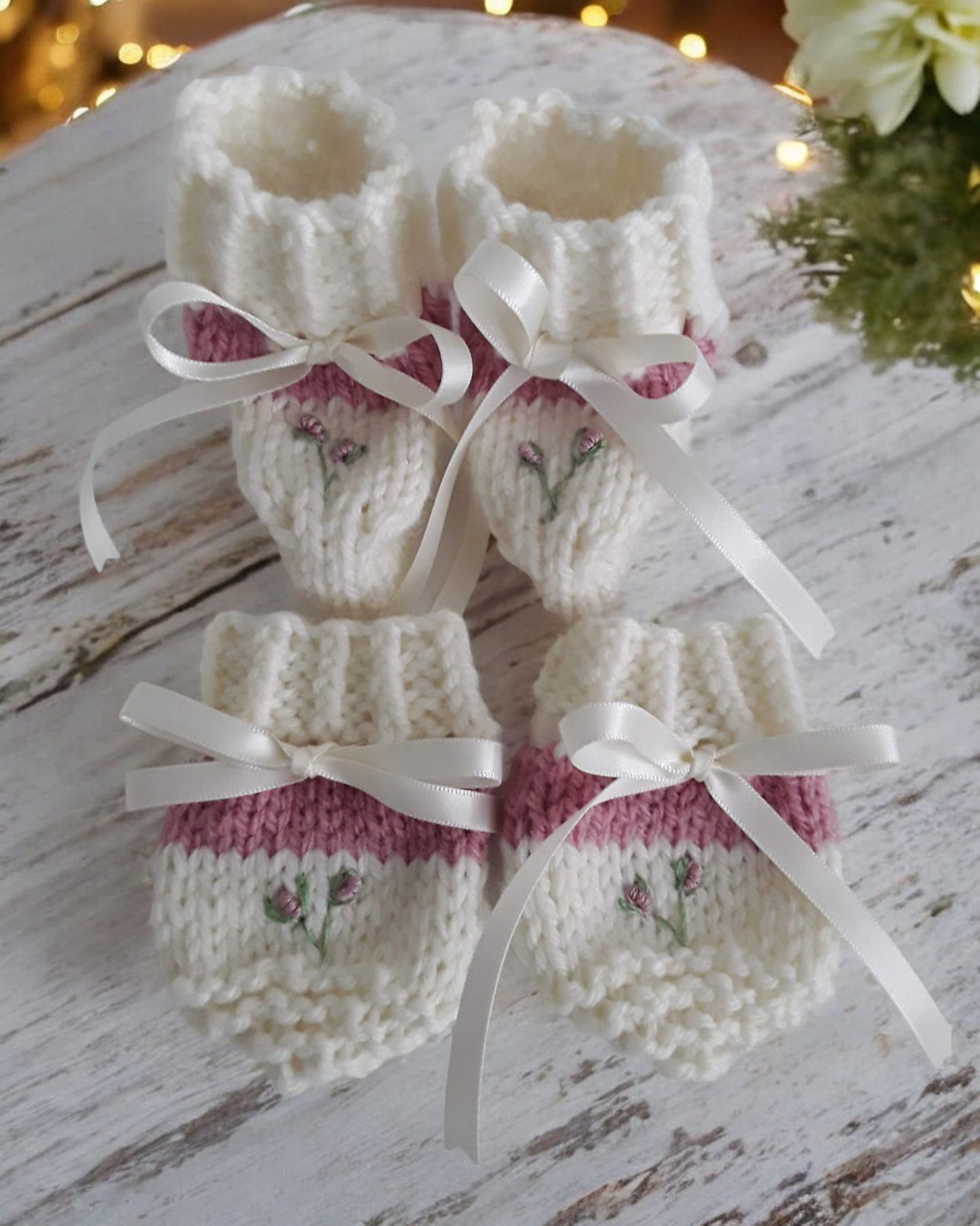 Two-Tone Girls Frilly Hand-Knitted Cardigan with bonnet, mittens and booties with Silk Embroidery