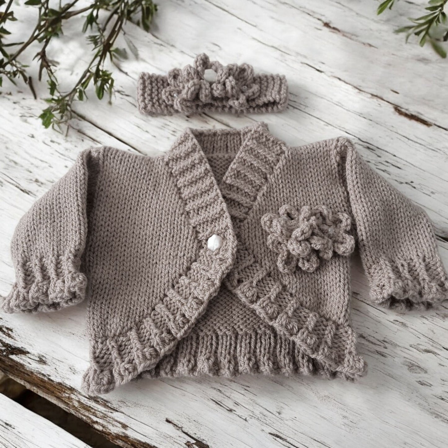 Hand Knitted Bolero Style Girls Cardigan with Knitted Flowers & Matching Headband – Perfect for Spring & Summer