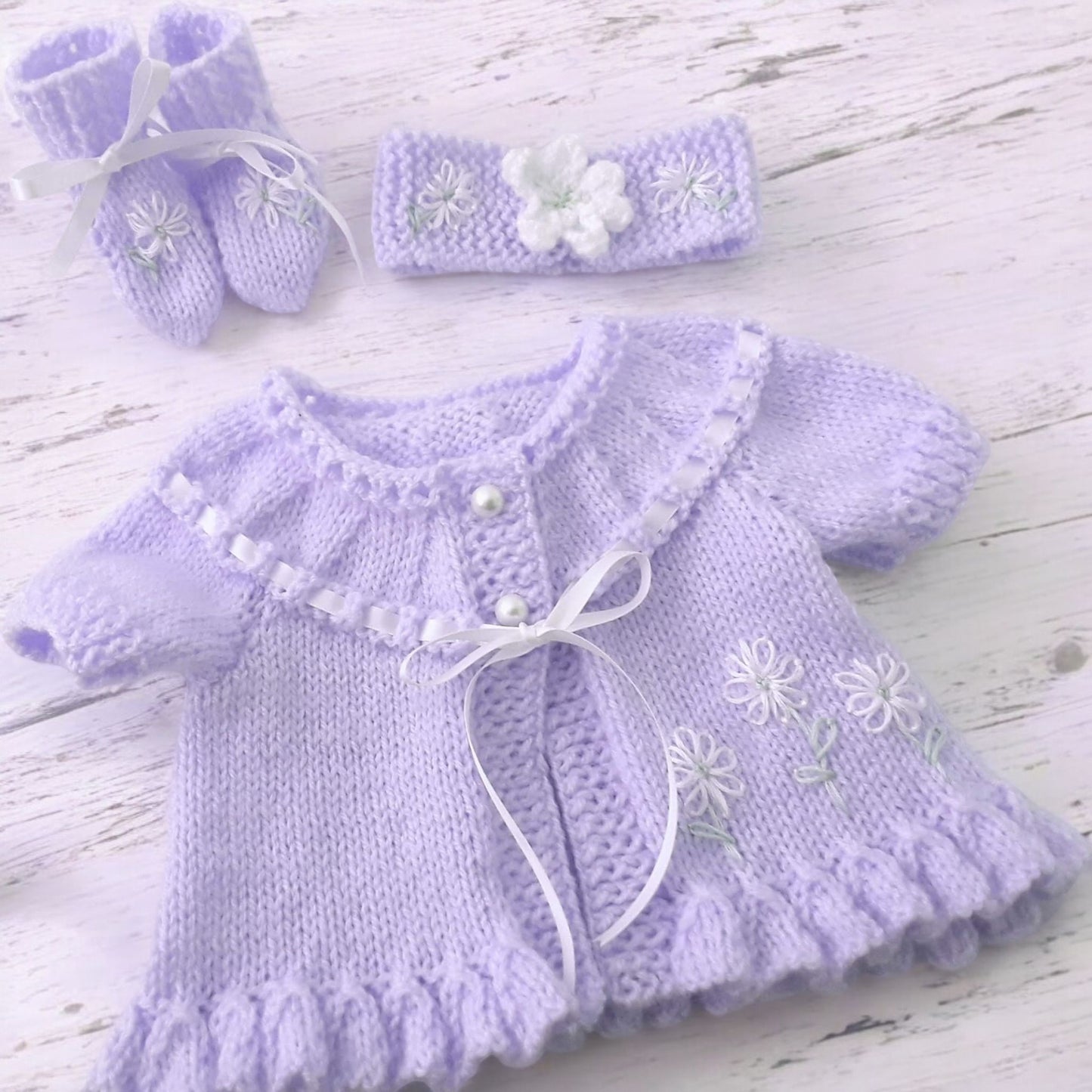 Beautiful Baby Girl Yoke Cardigan with Coordinated Headband & Booties