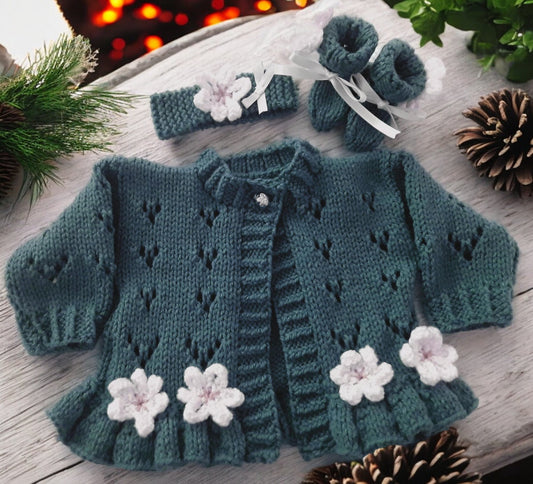 baby girl cardigan, headband & booties in jewel colour