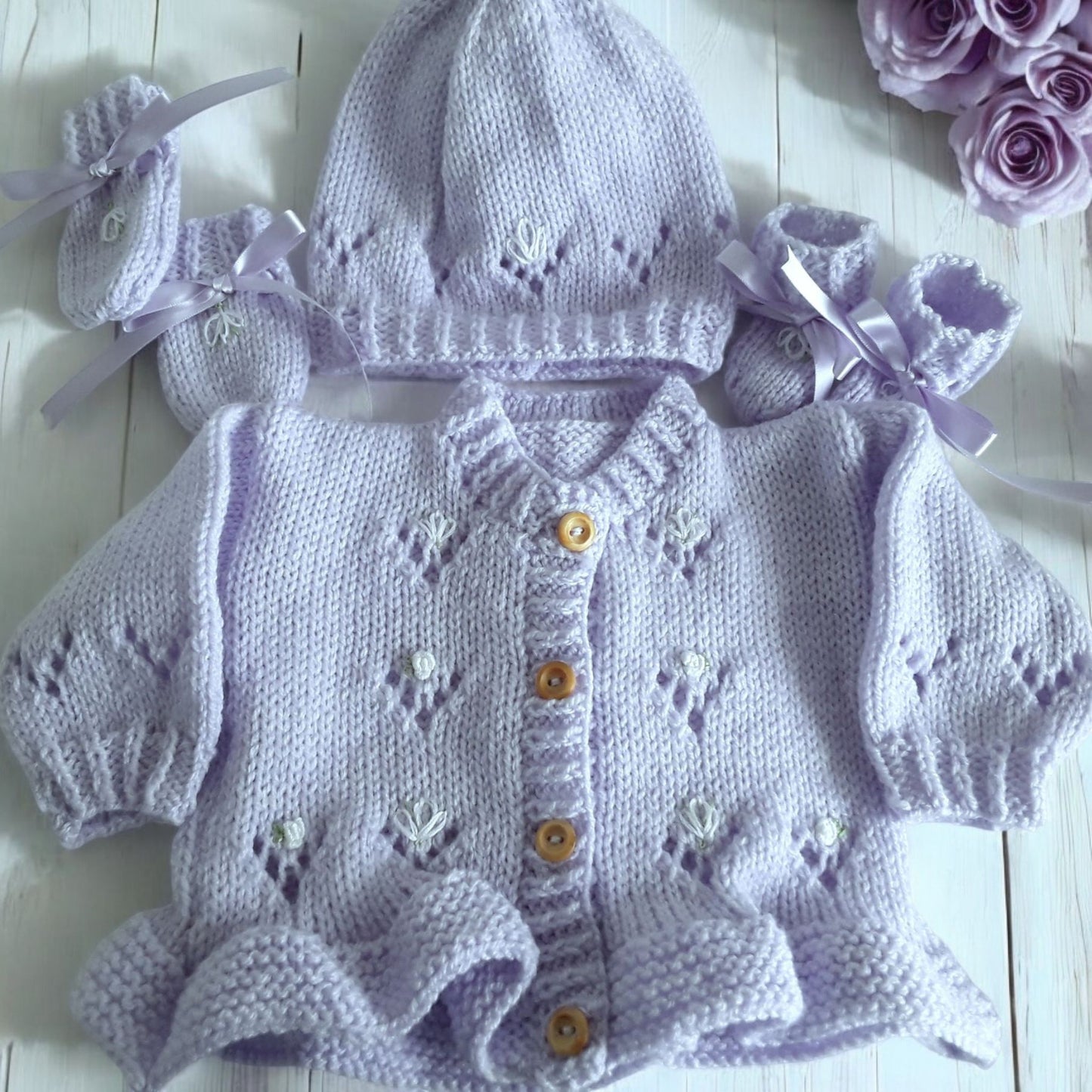 Frilly Baby Girl Cardigan with Beautiful Embroidery – Matching Hat, Mittens, and Boots Set