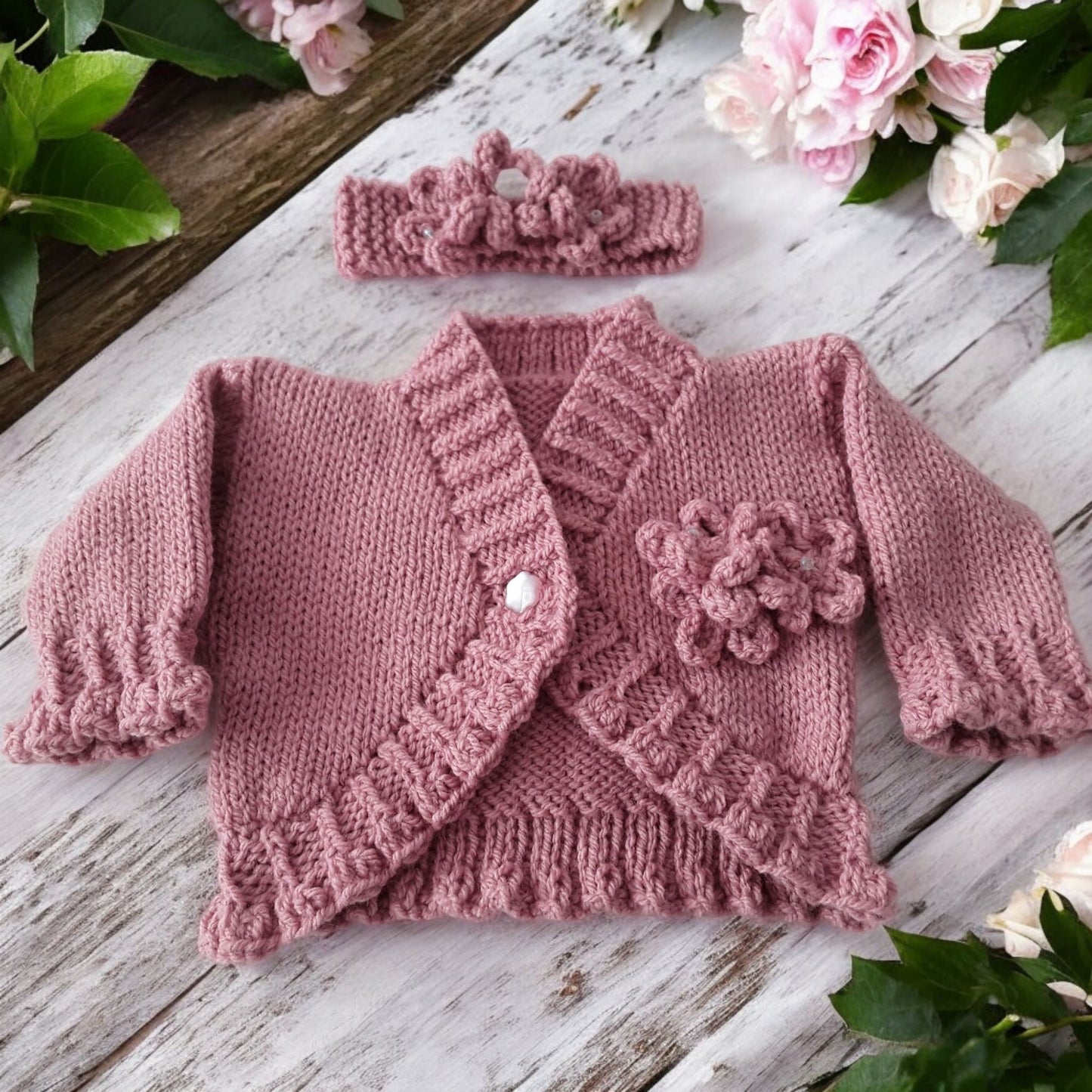 Hand Knitted Bolero Style Girls Cardigan with Knitted Flowers & Matching Headband – Perfect for Spring & Summer