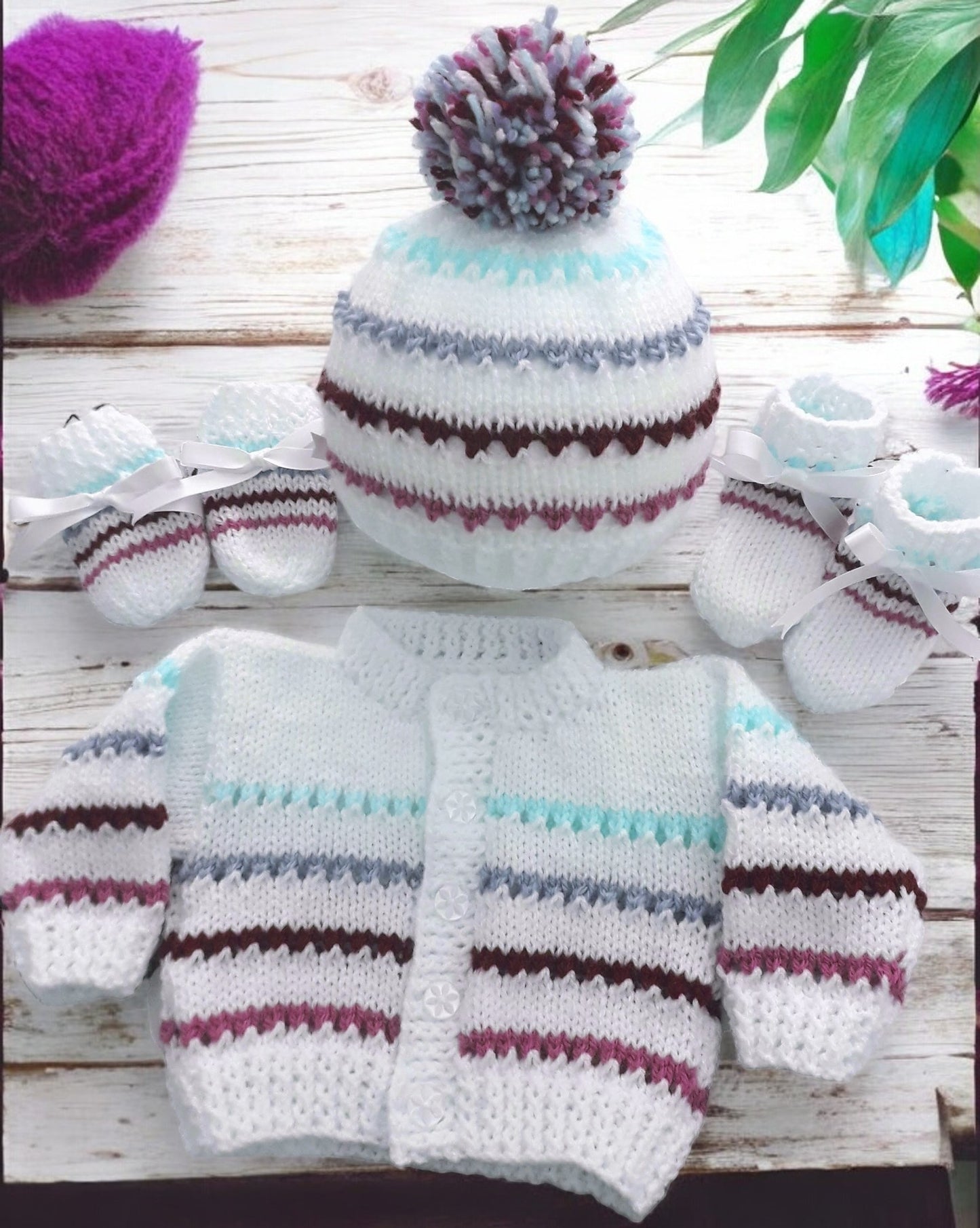 Stripy Knitted Baby Essentials – Cardigan, pom pom Hat, Mittens & Booties