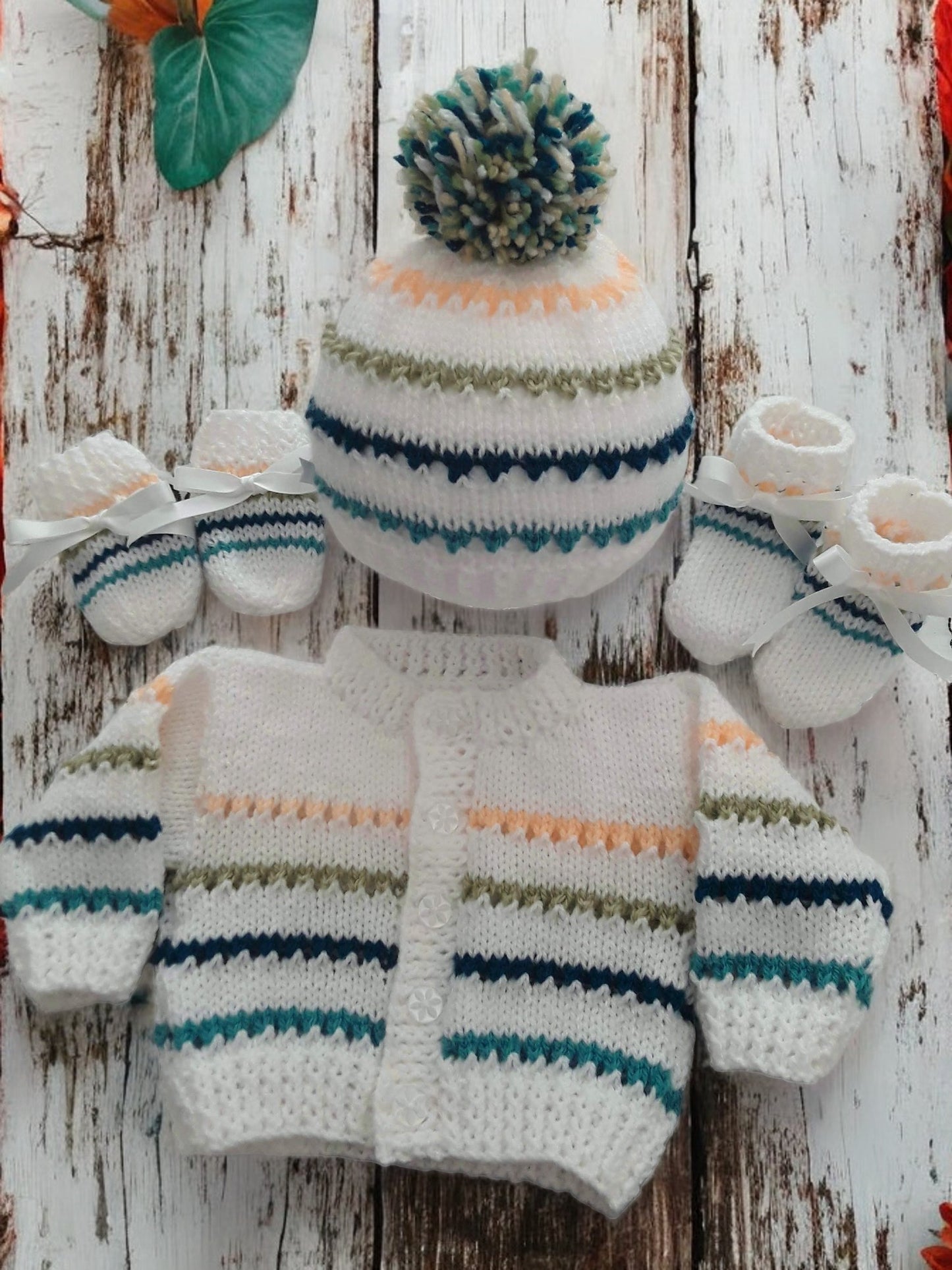 Stripy Knitted Baby Essentials – Cardigan, pom pom Hat, Mittens & Booties