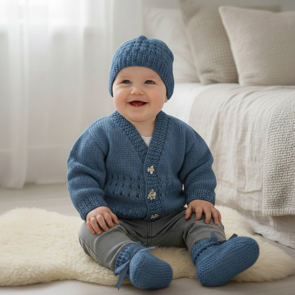 Hand Knitted Boys Traditional Cardigan with Matching Hat and Boots – Baby Boy Coming Home Outfit