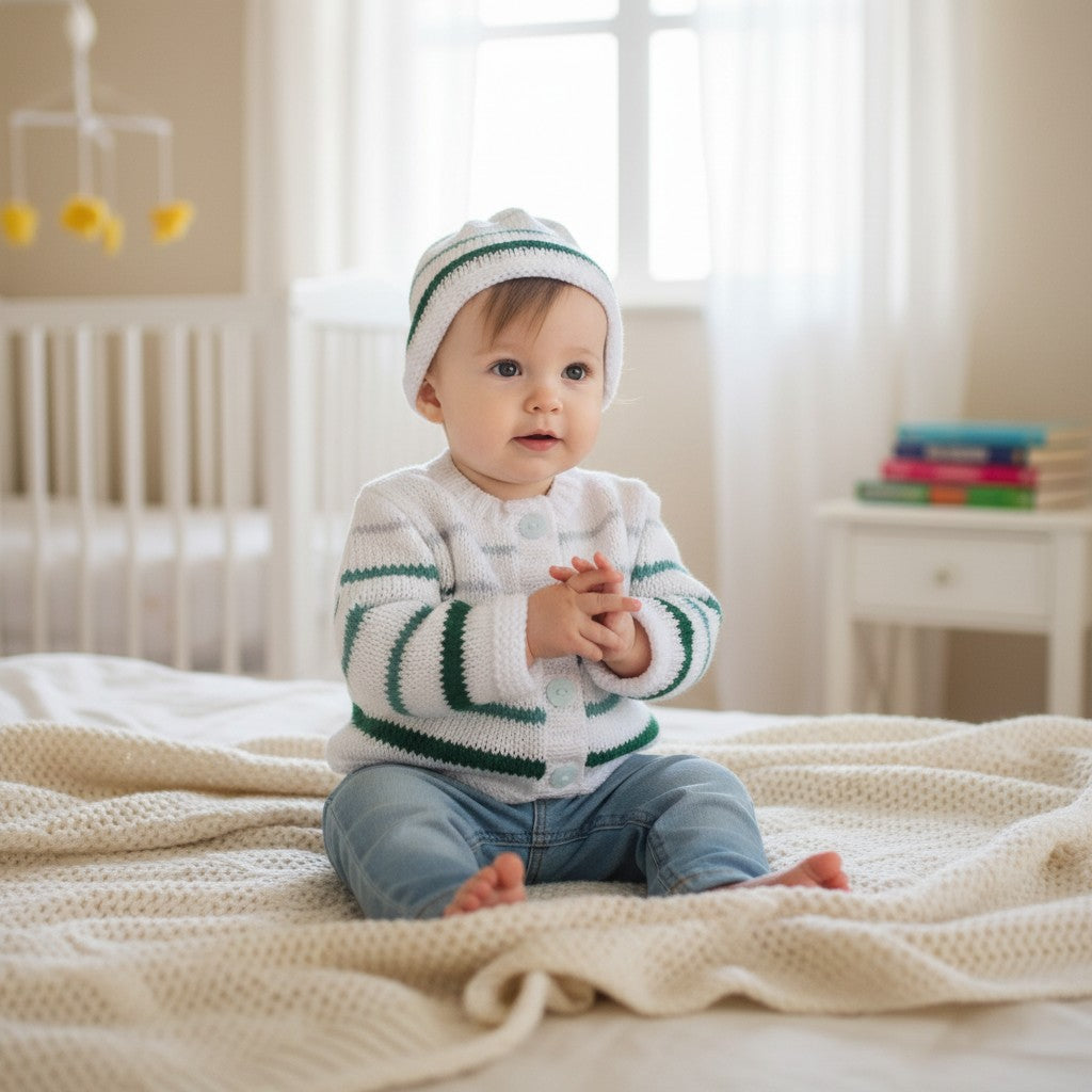 Boys Hand Knitted Cardigan with Matching Hat – Playful stripy Baby Boy Outfit