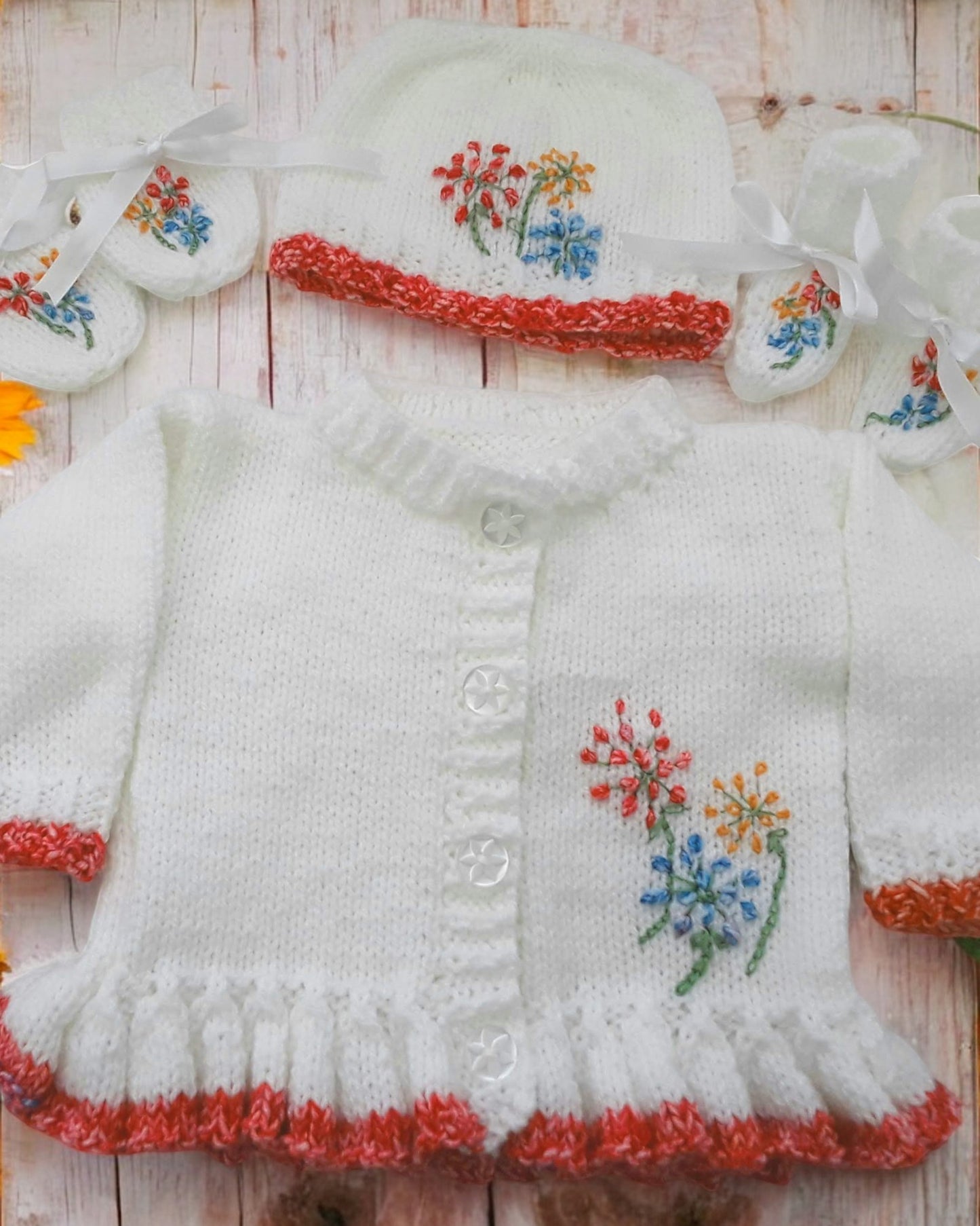 Knitted Girls Cardigan with Bright Coloured Embroidery matching hat, mitts and boots – Handcrafted & Unique