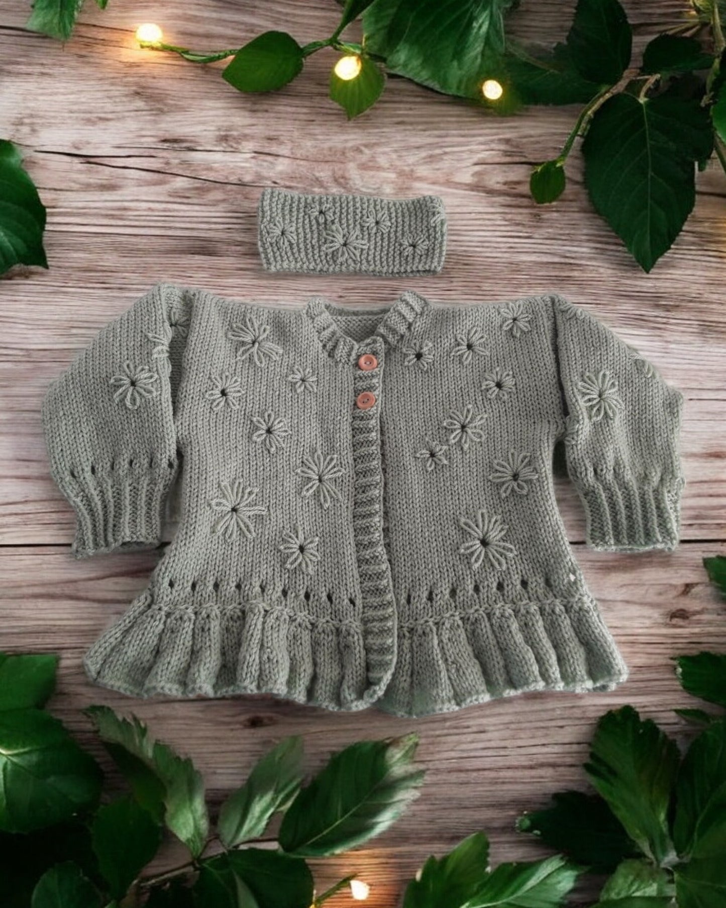 Hand Knitted Girls Cardigan & matching headband with Hand-Stitched Blooms