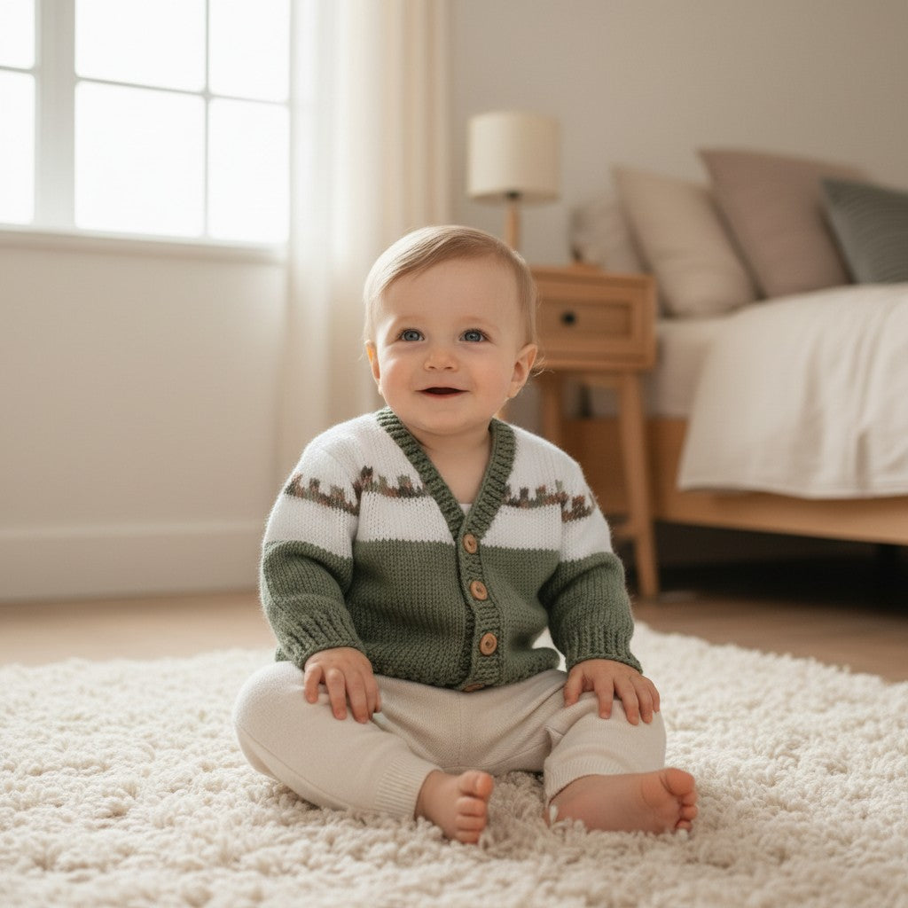 Boys Fair Isle Design Knitted Cardigan Set – Includes Matching Hat, Mitts, and Socks