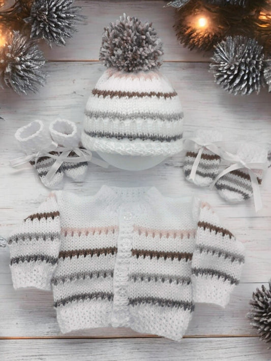 Stripy Knitted Baby Essentials – Cardigan, pom pom Hat, Mittens & Booties