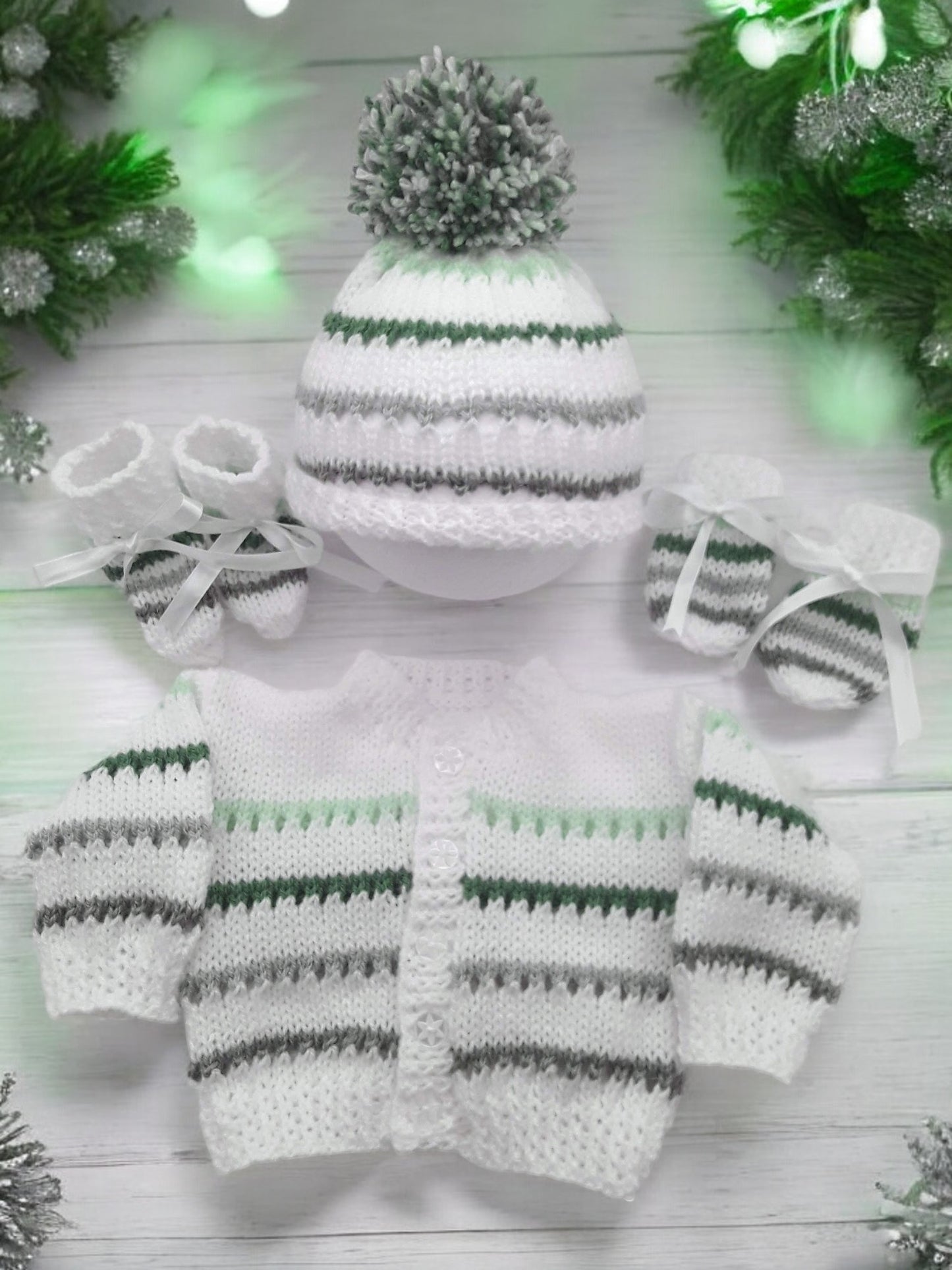 Stripy Knitted Baby Essentials – Cardigan, pom pom Hat, Mittens & Booties