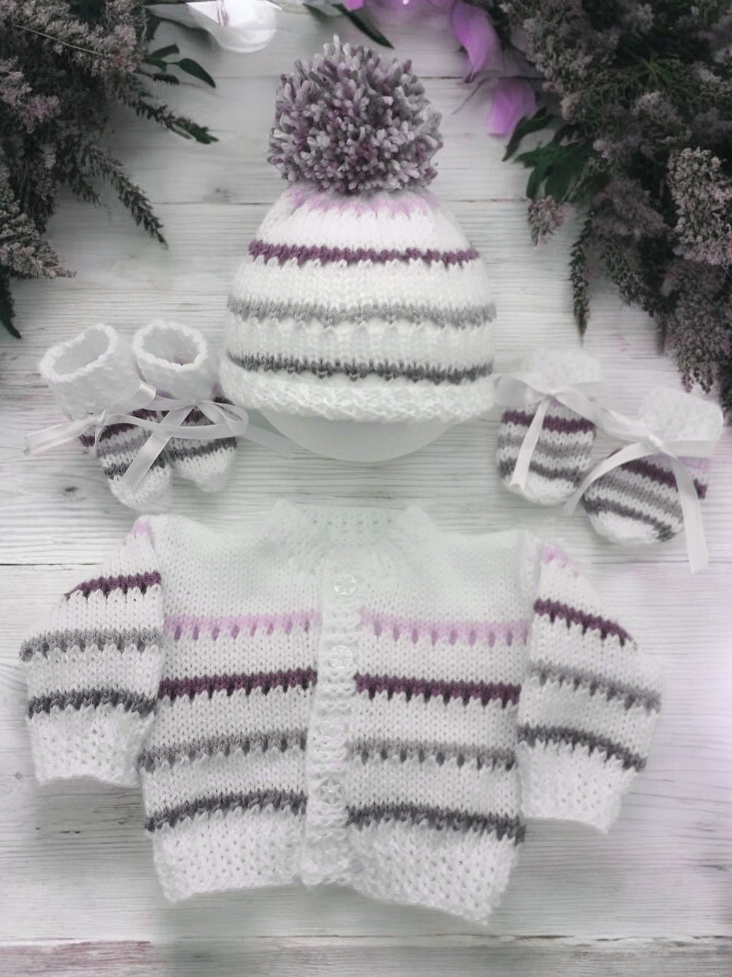 Stripy Knitted Baby Essentials – Cardigan, pom pom Hat, Mittens & Booties