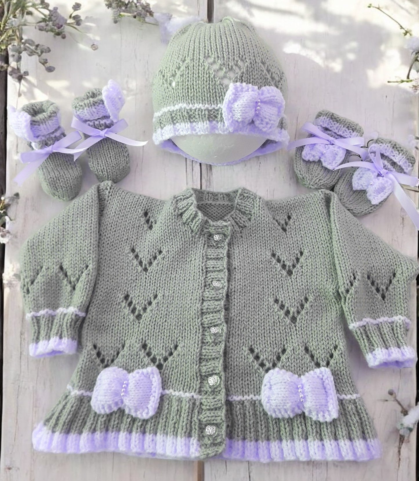 Hand Knitted Baby Girl Cardigan with Knitted Bow Trim  -Made to Order