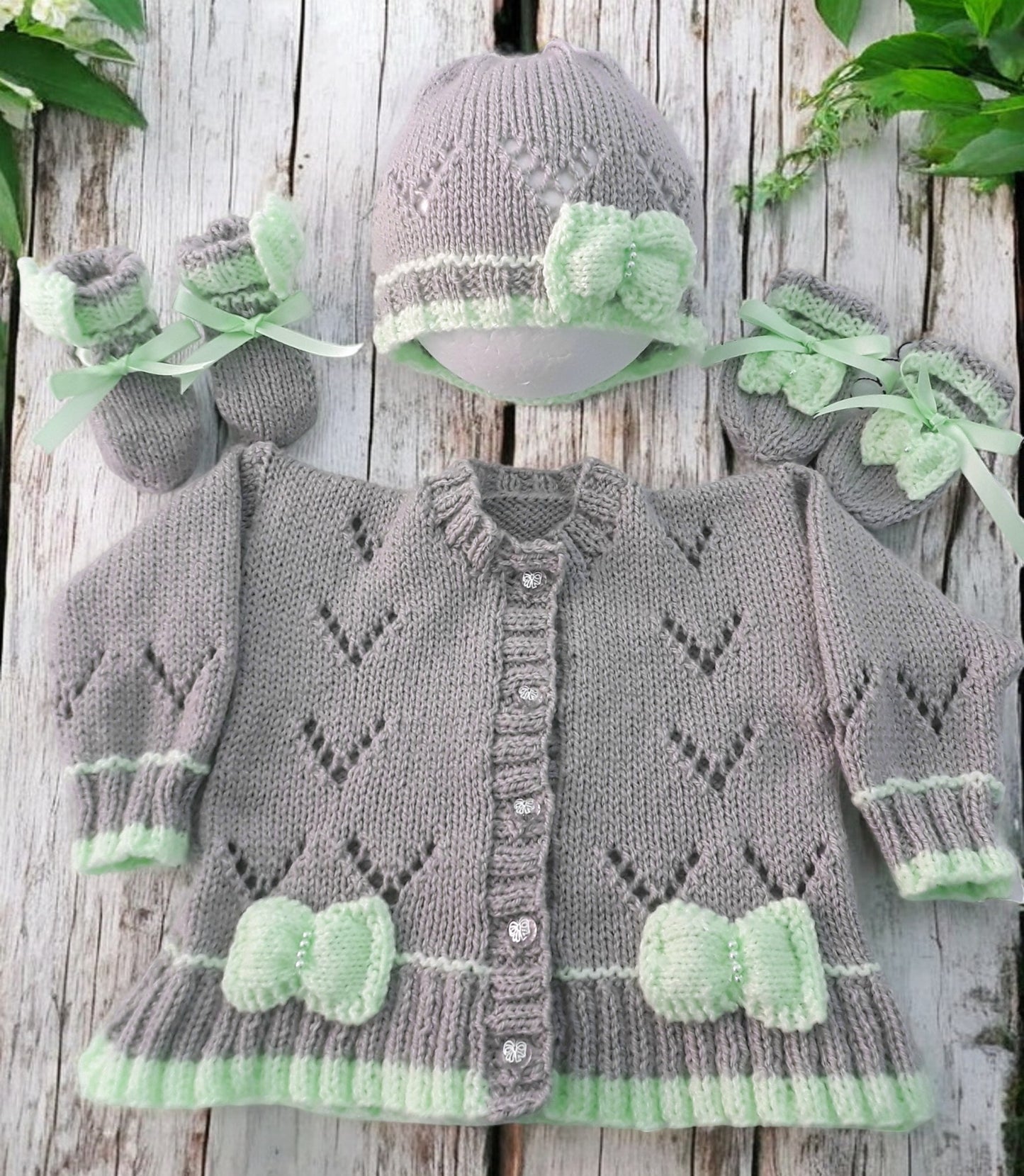 Hand Knitted Baby Girl Cardigan with Knitted Bow Trim  -Made to Order