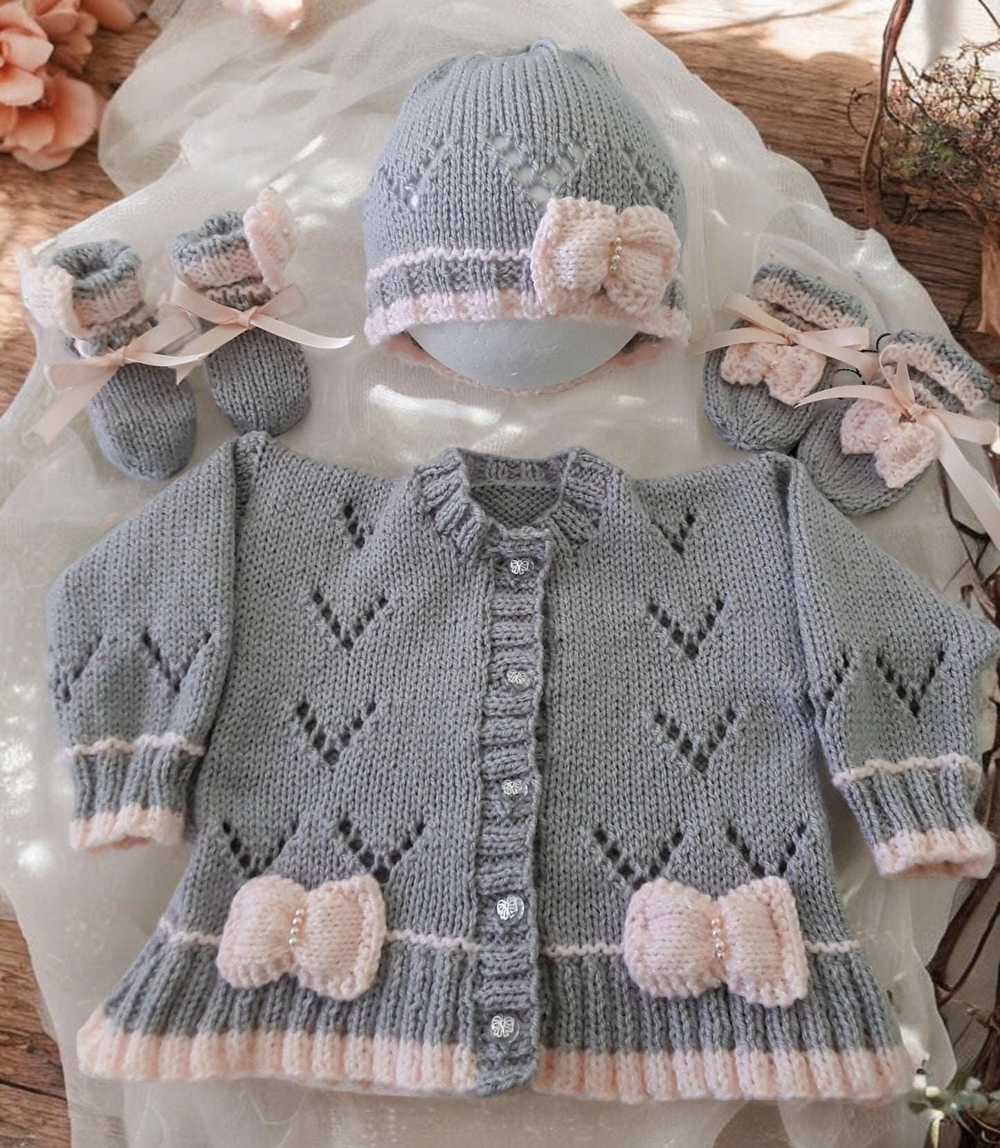 Hand Knitted Baby Girl Cardigan with Knitted Bow Trim  -Made to Order