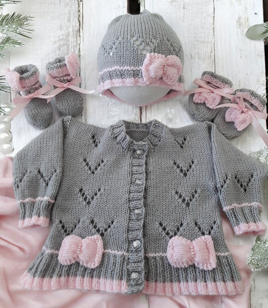 Hand Knitted Baby Girl Cardigan with Knitted Bow Trim  -Made to Order