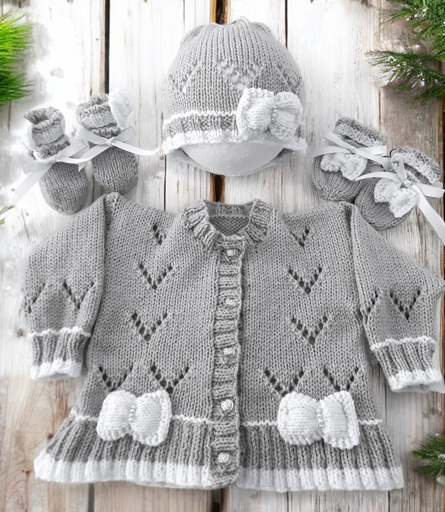 Hand Knitted Baby Girl Cardigan with Knitted Bow Trim  -Made to Order