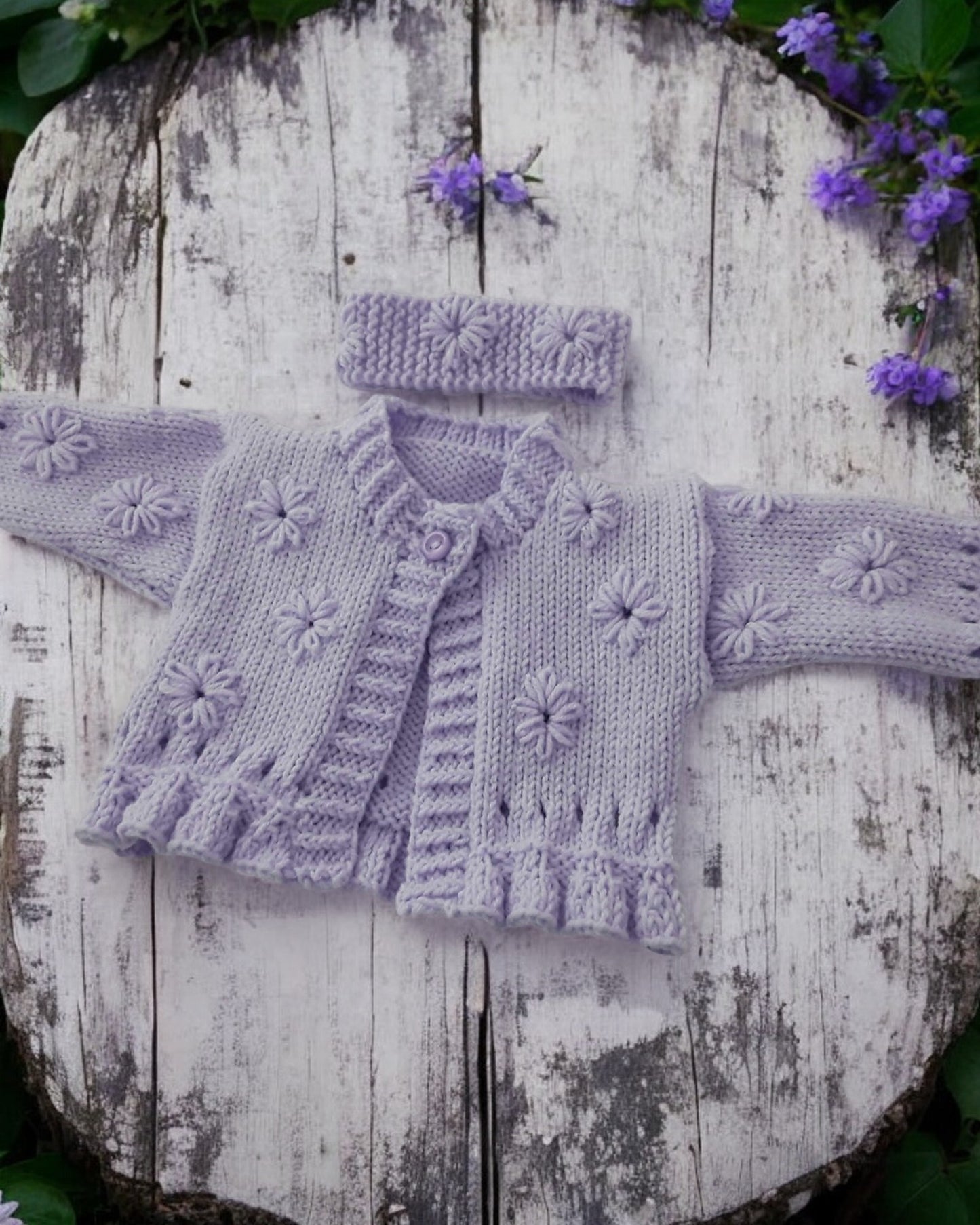 Hand Knitted Girls Cardigan & matching headband with Hand-Stitched Blooms