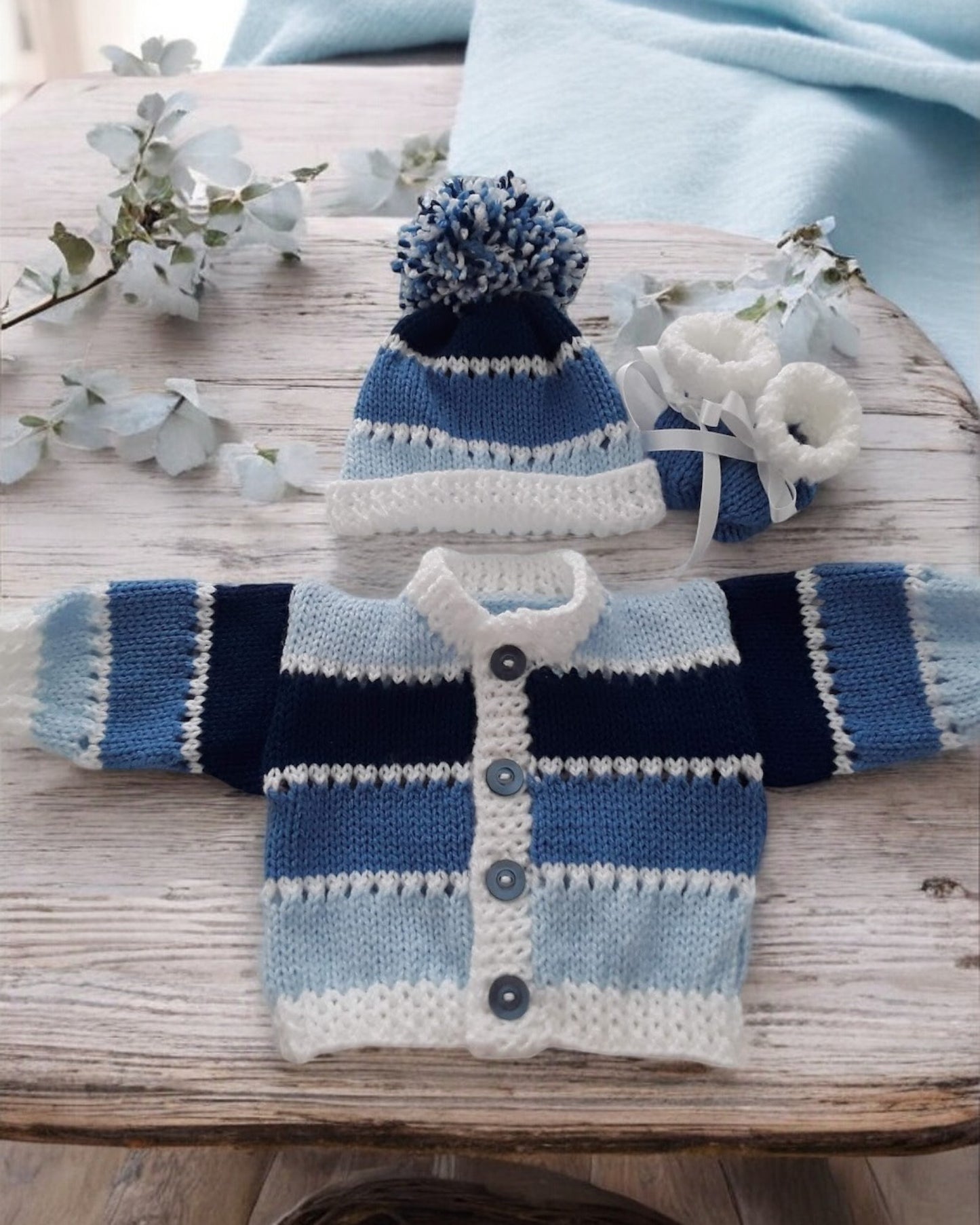 Boys' Knitted Ombre Cardigan Set – Hand-Knitted Cardigan, Hat, & Boots