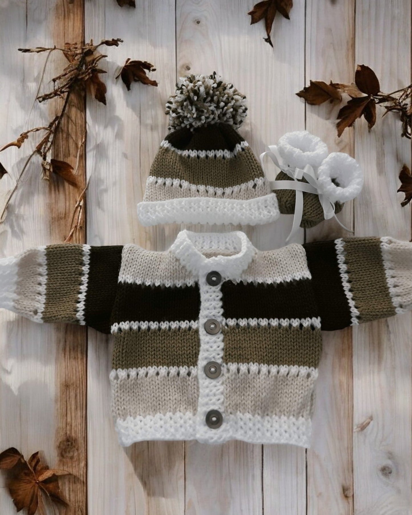 Boys' Knitted Ombre Cardigan Set – Hand-Knitted Cardigan, Hat, & Boots