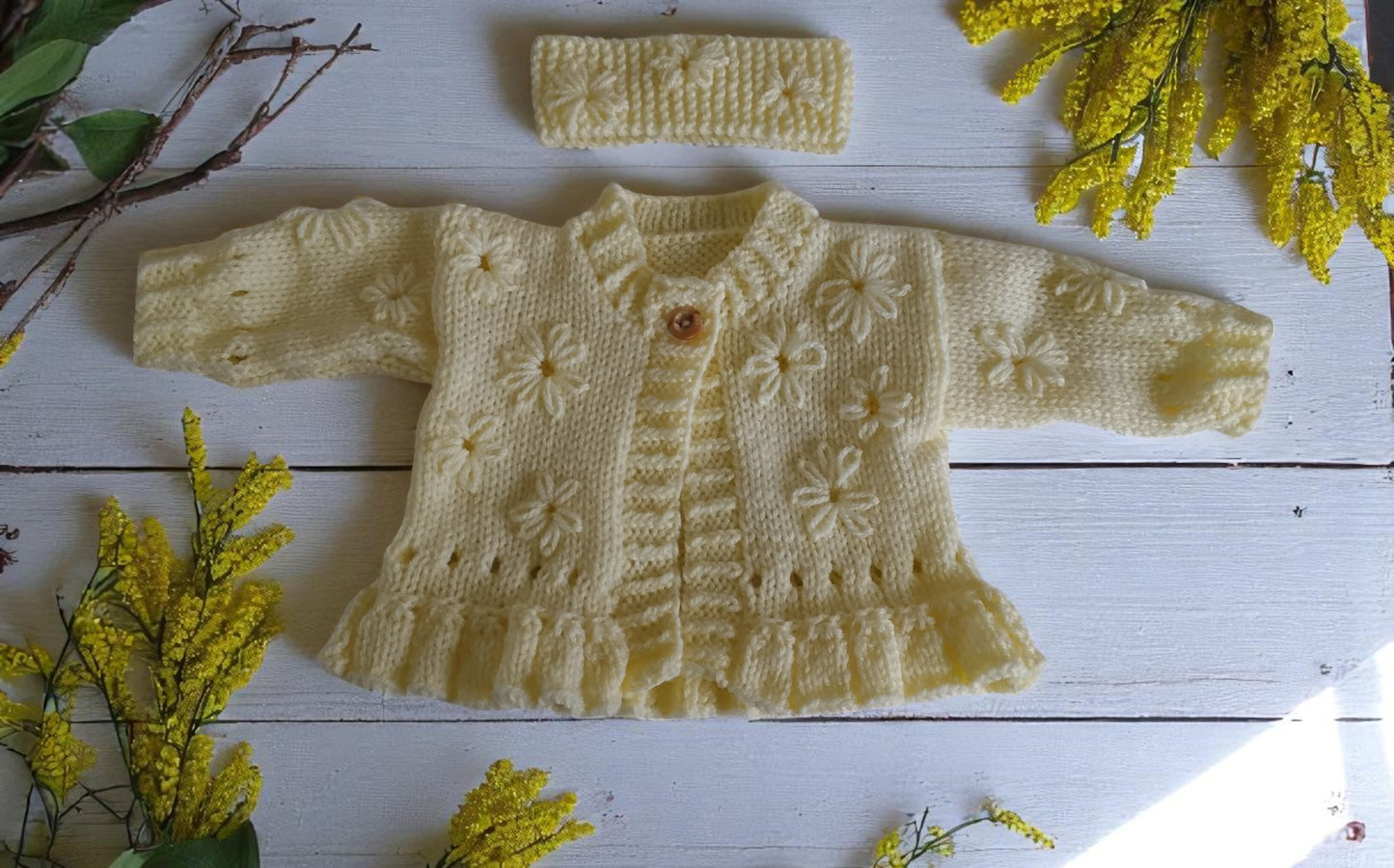 Hand Knitted Girls Cardigan & matching headband with Hand-Stitched Blooms