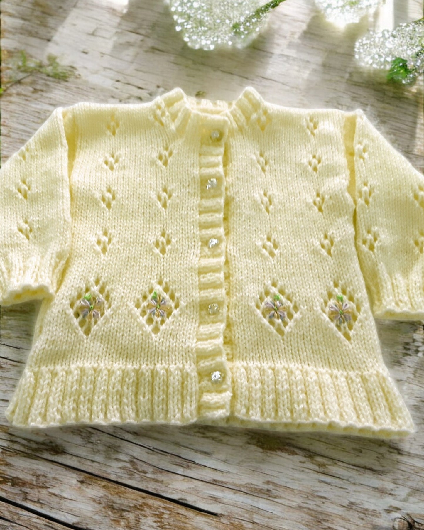 Girls knitted cardigan with diamond lacy design and embroidery