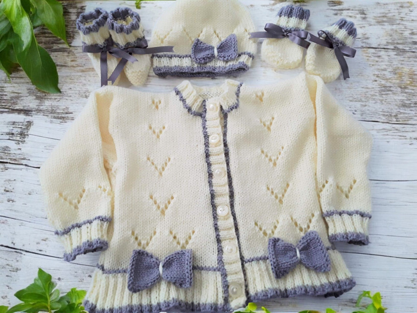 Hand Knitted Baby Girl Cardigan with Knitted Bow Trim  -Made to Order