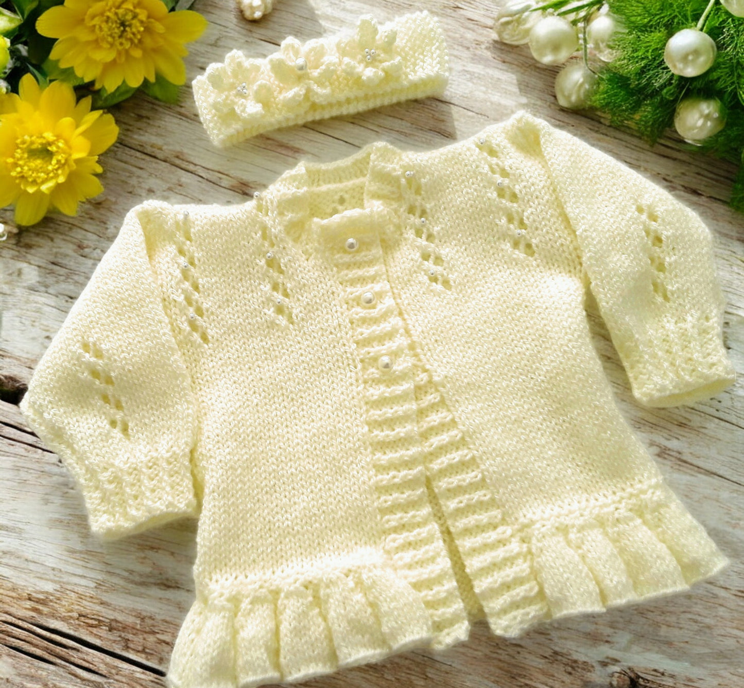 Hand Knitted Pearl-Trimmed Girls Cardigan with Matching Headband – Perfect for Christenings