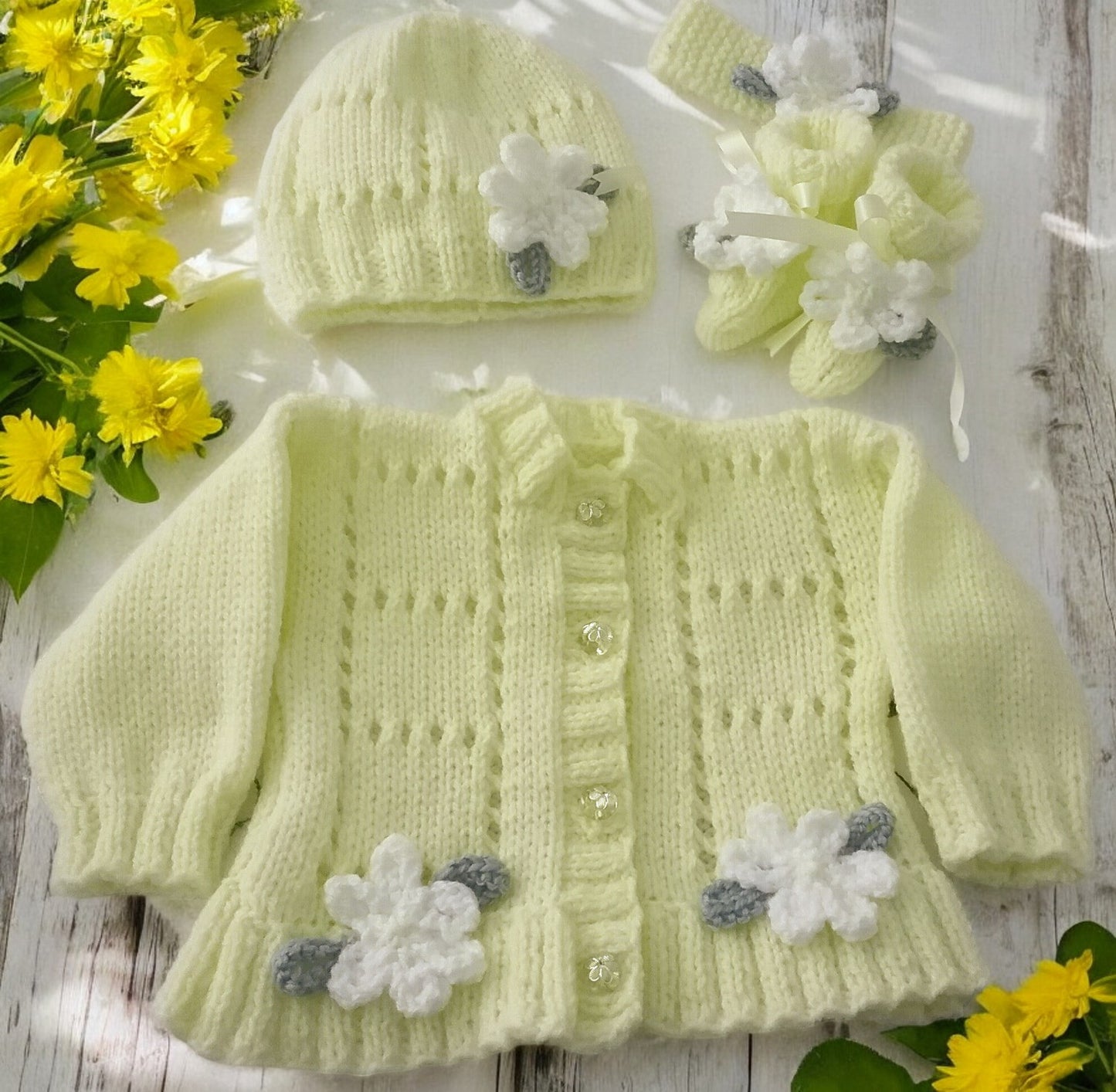 Baby Girl Fluted Hem Cardigan with hat, headband and boots, Flower & leaf Trim