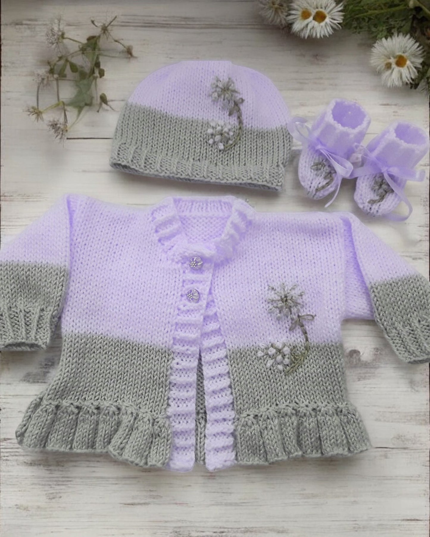 Girls knitted cardigan with matching hat & boots, beautifully embroidered outfit - gemknits4kids