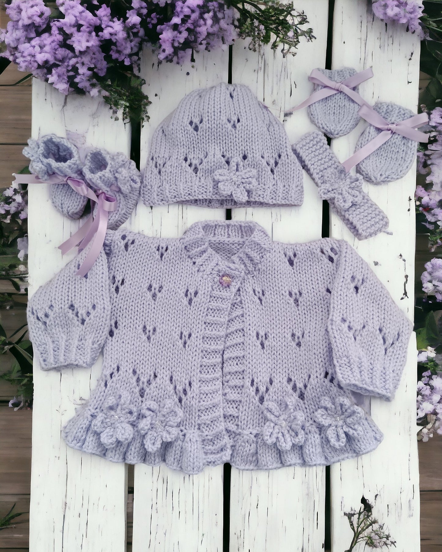 Hand-Knitted Baby Girl Cardigan with Fluted Hem & Flower trim with headband and booties