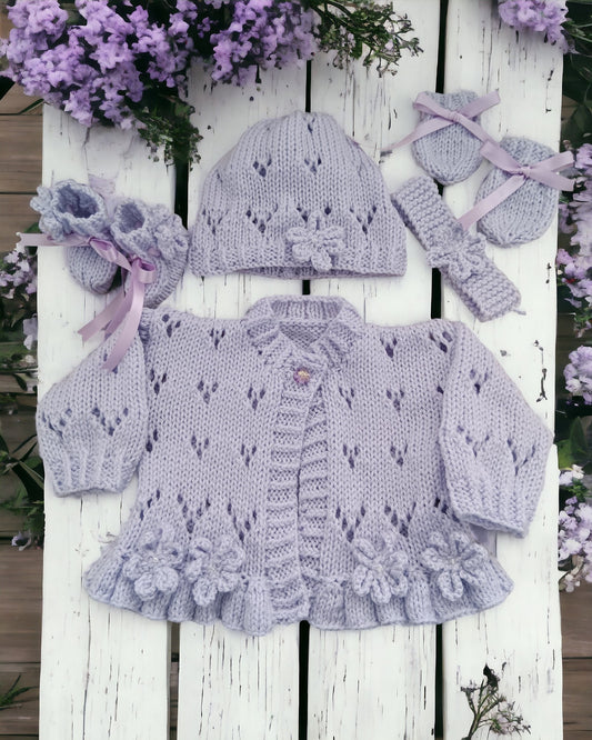 Hand-Knitted Baby Girl Cardigan with Fluted Hem & Flower trim with headband and booties