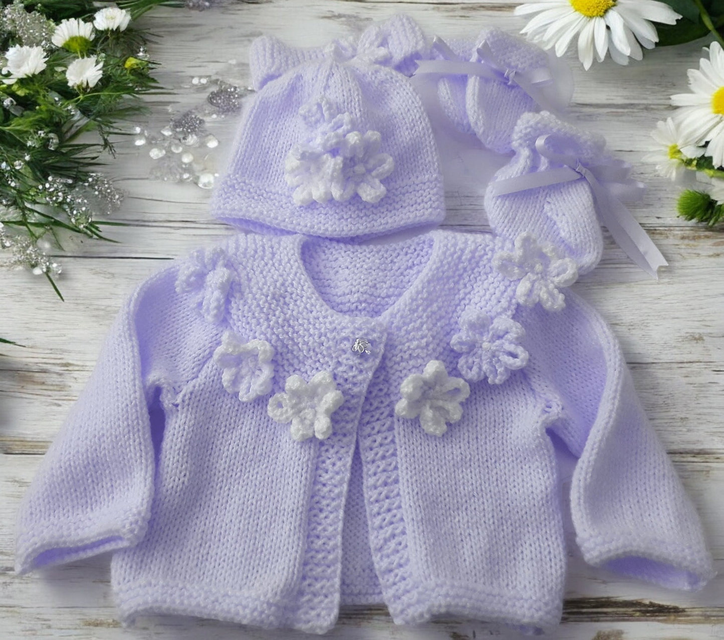 Hand Knitted Girls Cardigan with Yoke Design and Knitted Daisy Trim
