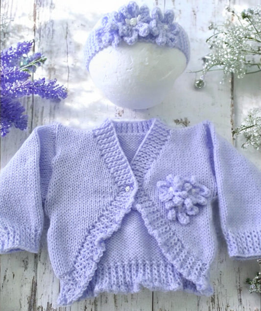 Hand Knitted Bolero Style Girls Cardigan with Knitted Flowers & Matching Headband – Perfect for Spring & Summer