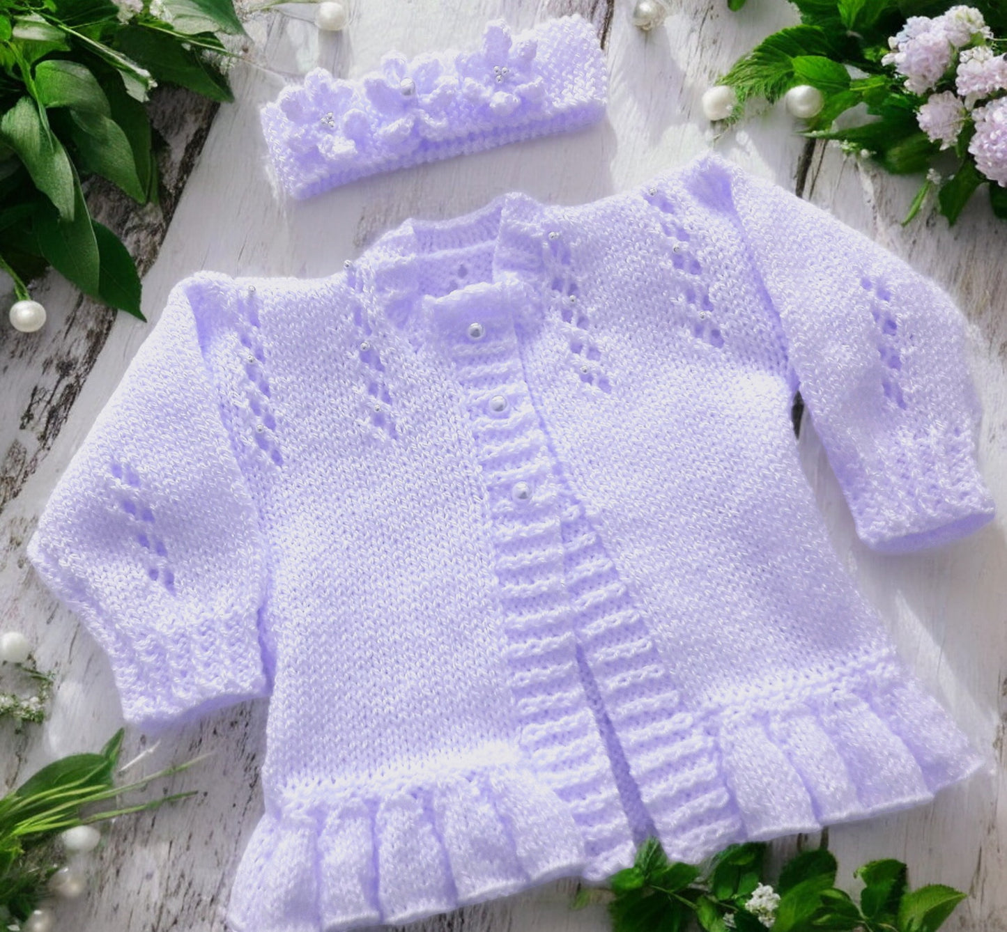 Hand Knitted Pearl-Trimmed Girls Cardigan with Matching Headband – Perfect for Christenings