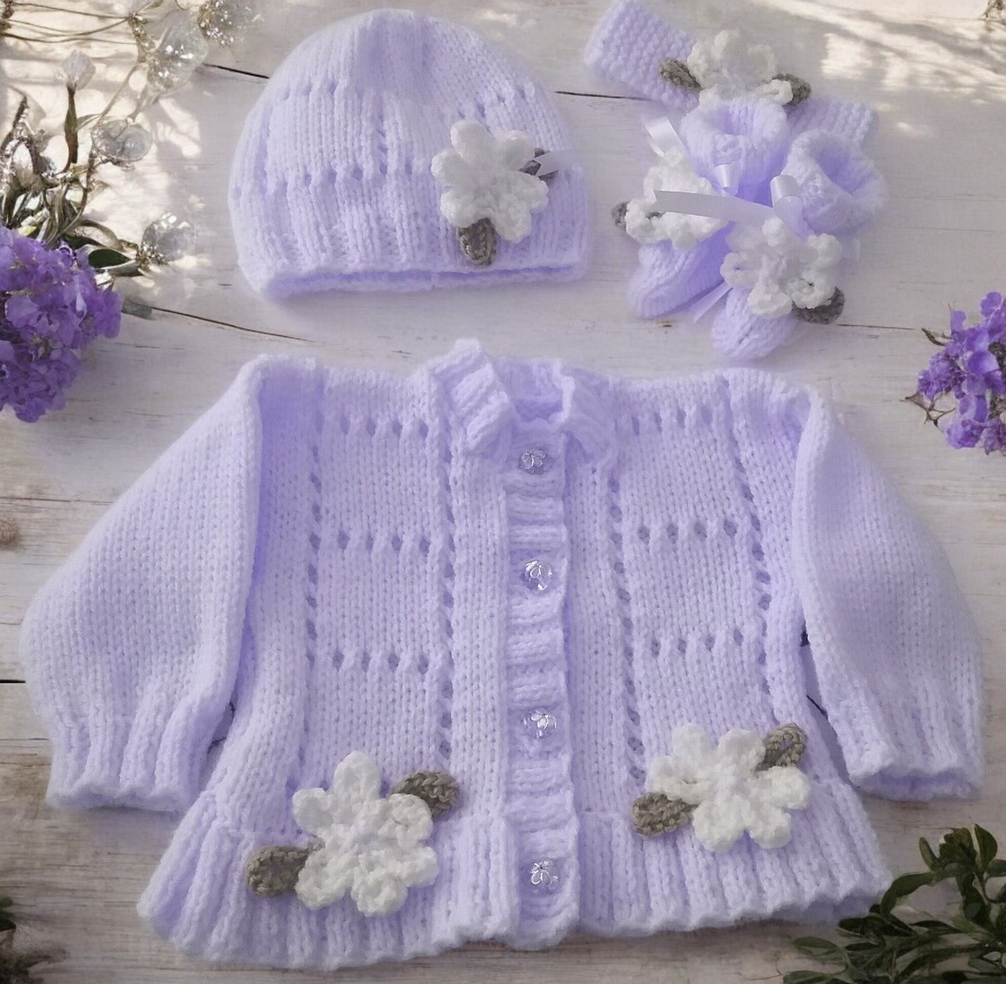 Baby Girl Fluted Hem Cardigan with hat, headband and boots, Flower & leaf Trim