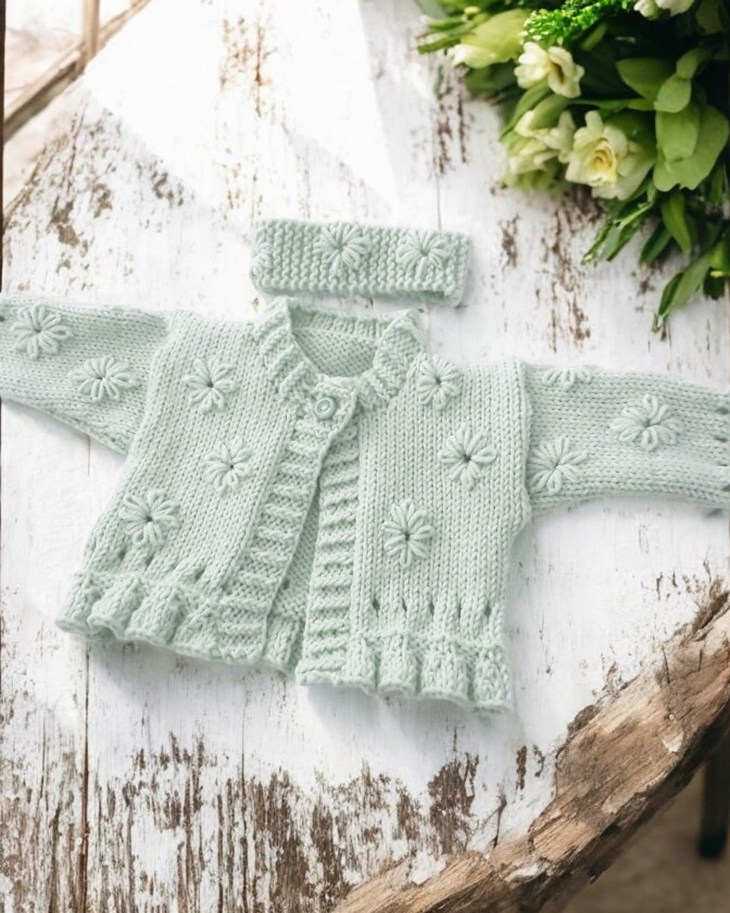 Hand Knitted Girls Cardigan & matching headband with Hand-Stitched Blooms