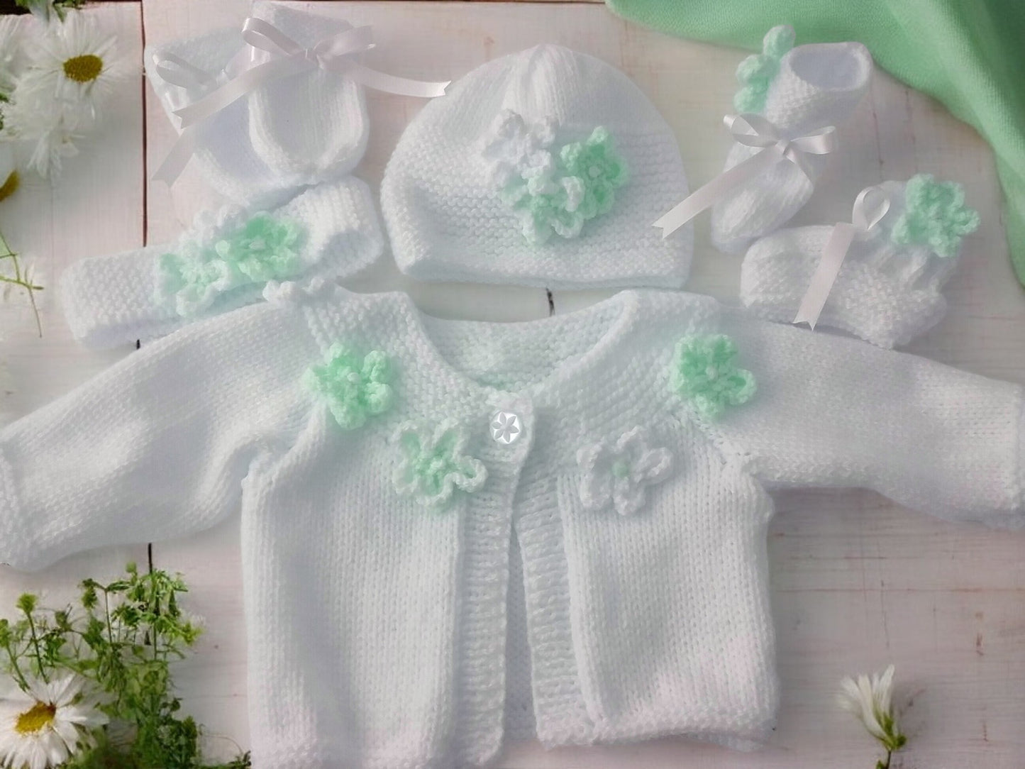Hand Knitted Girls Cardigan with Yoke Design and Knitted Daisy Trim