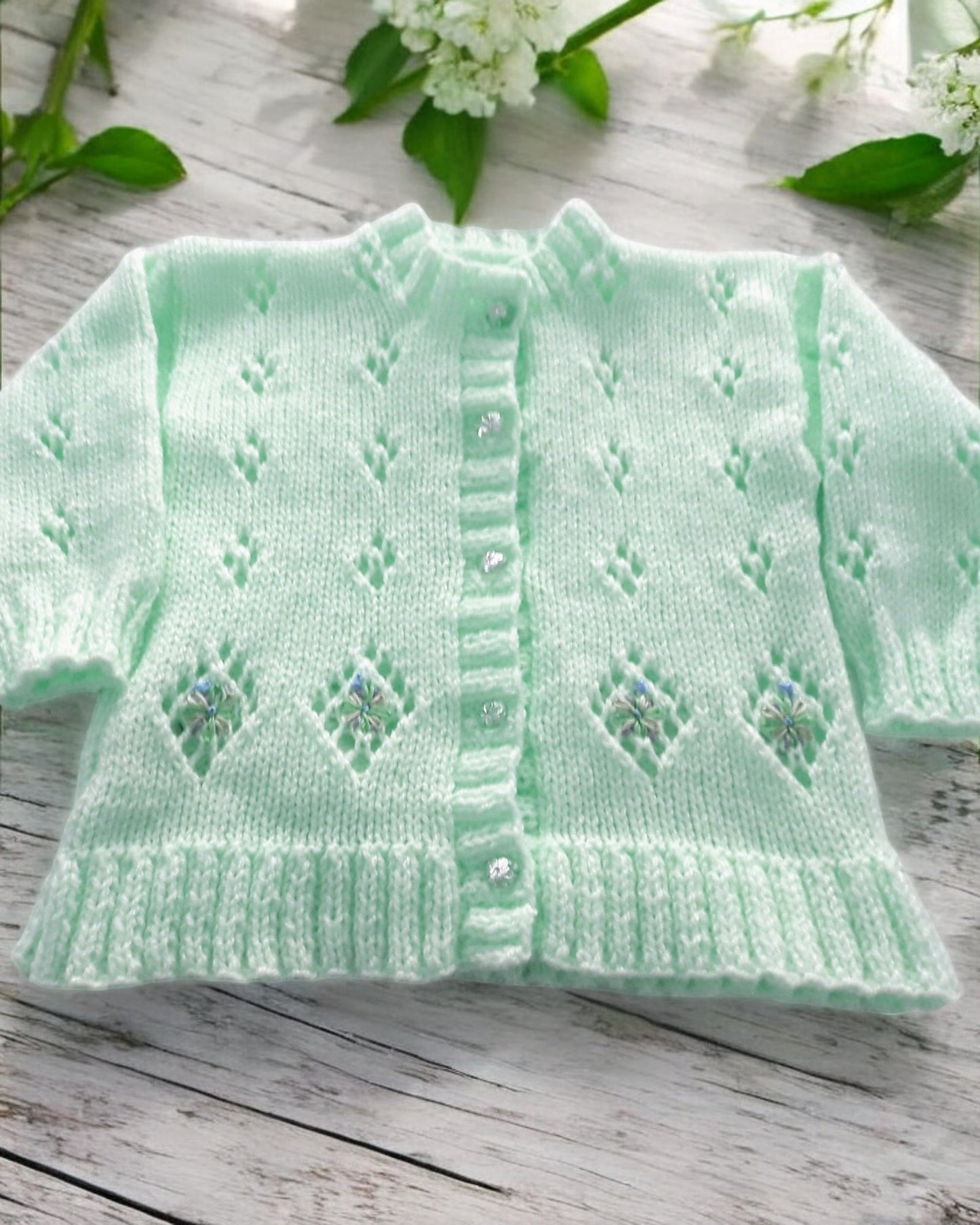 Girls knitted cardigan with diamond lacy design and embroidery