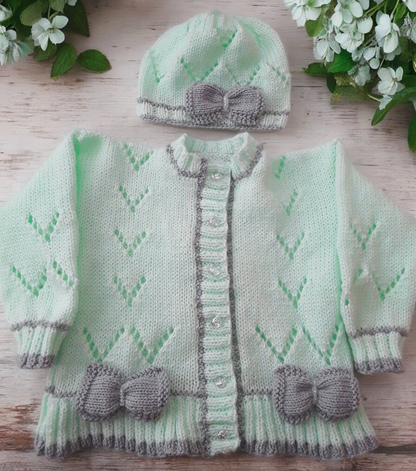 Hand Knitted Baby Girl Cardigan with Knitted Bow Trim  -Made to Order