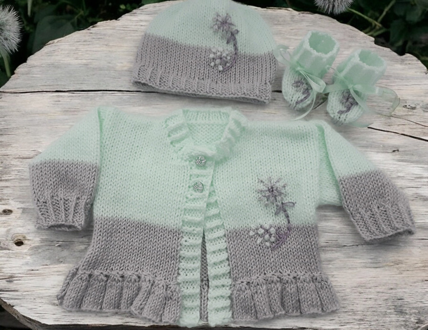 Girls knitted cardigan with matching hat & boots, beautifully embroidered outfit - gemknits4kids