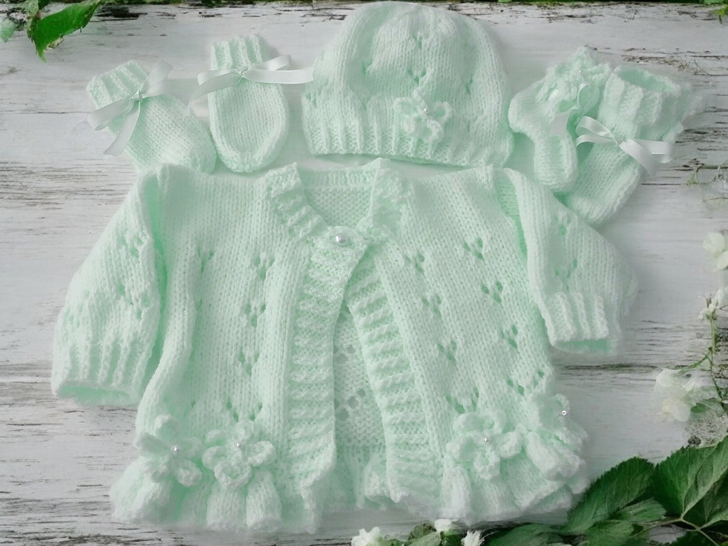 Hand-Knitted Baby Girl Cardigan with Fluted Hem & Flower trim with headband and booties