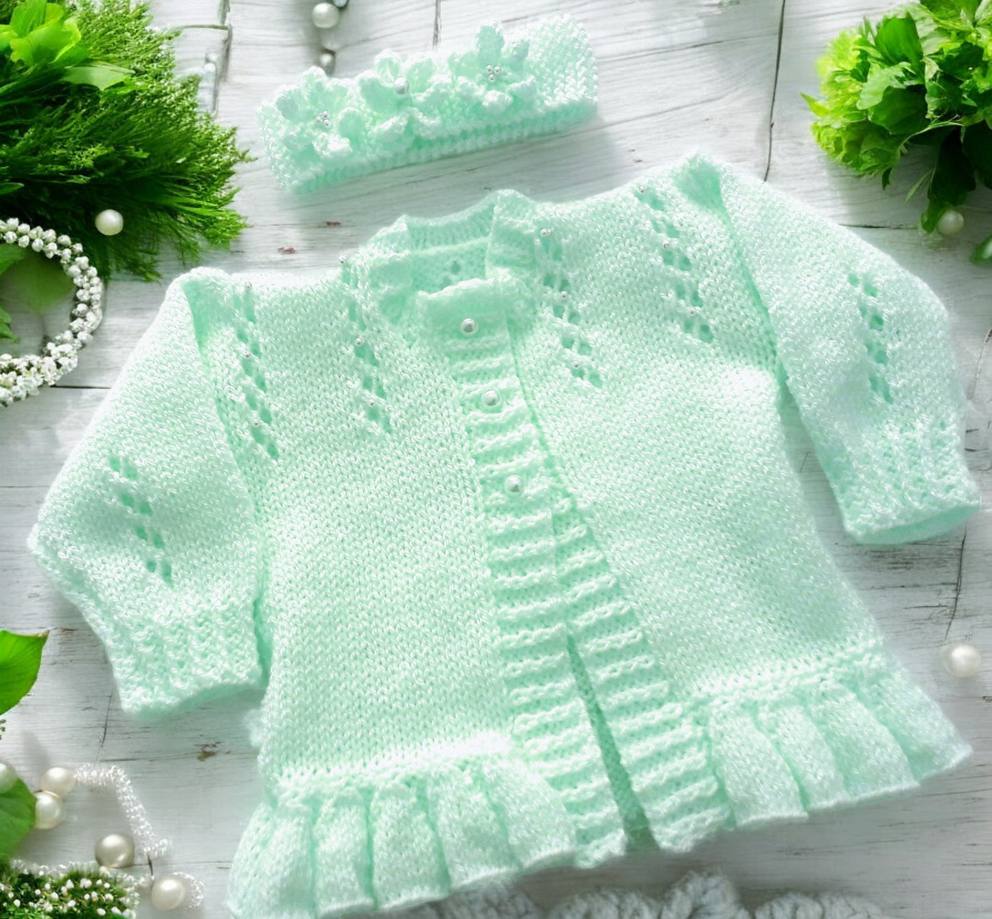 Hand Knitted Pearl-Trimmed Girls Cardigan with Matching Headband – Perfect for Christenings