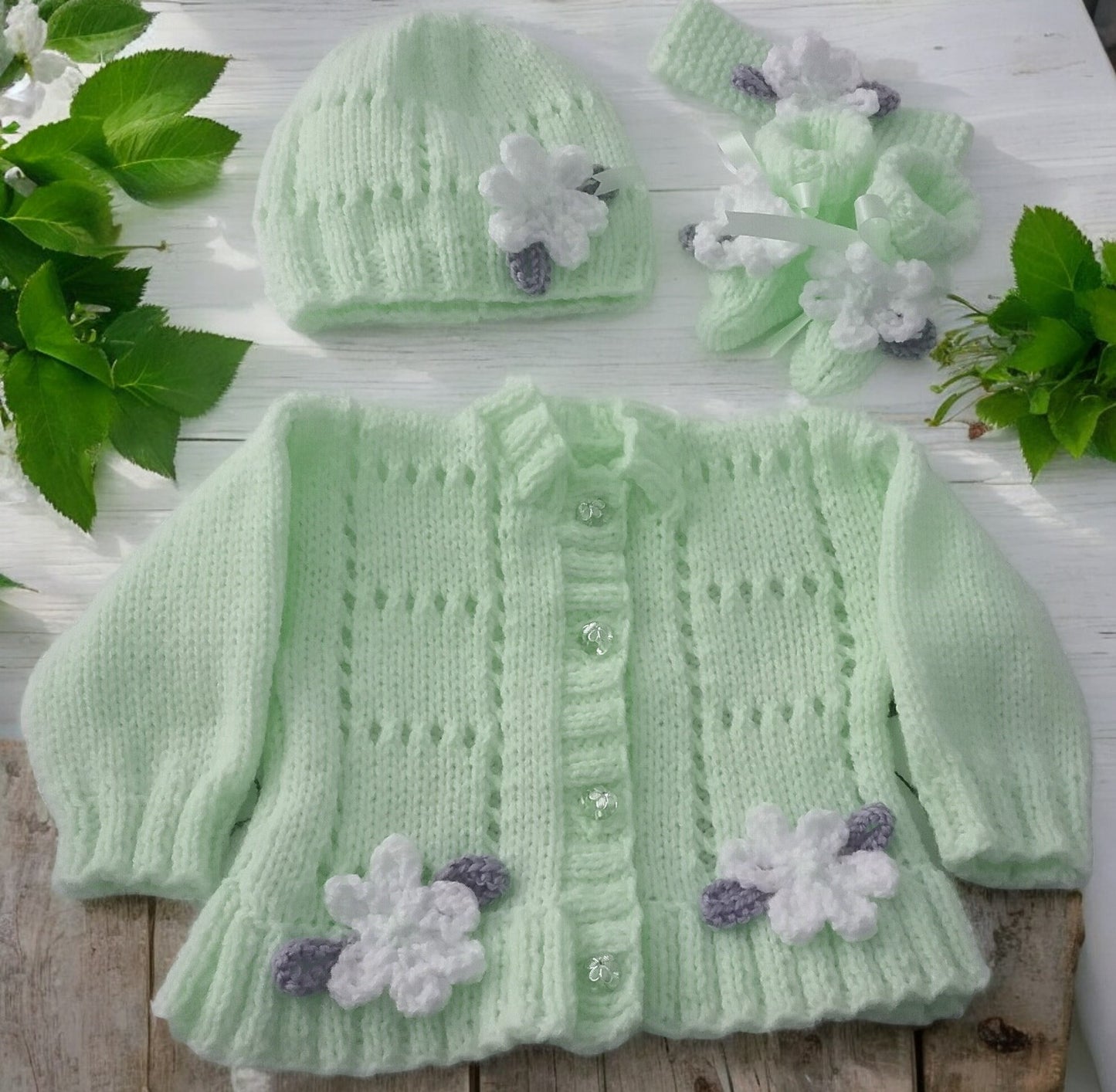 Baby Girl Fluted Hem Cardigan with hat, headband and boots, Flower & leaf Trim