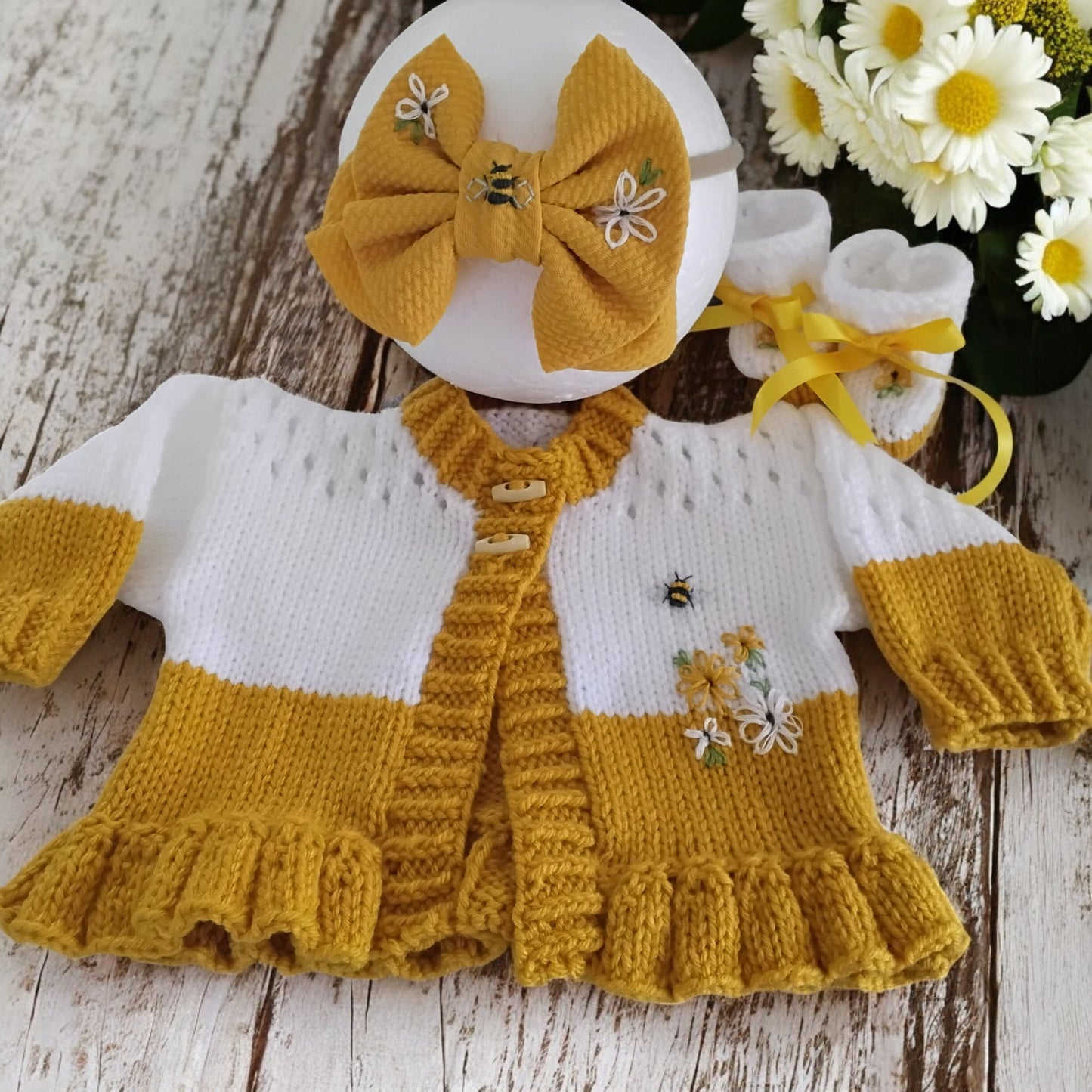 Hand Knitted Girls Cardigan Set with Bow Headband & Boots, Daisy & Bumblebee Embroidery