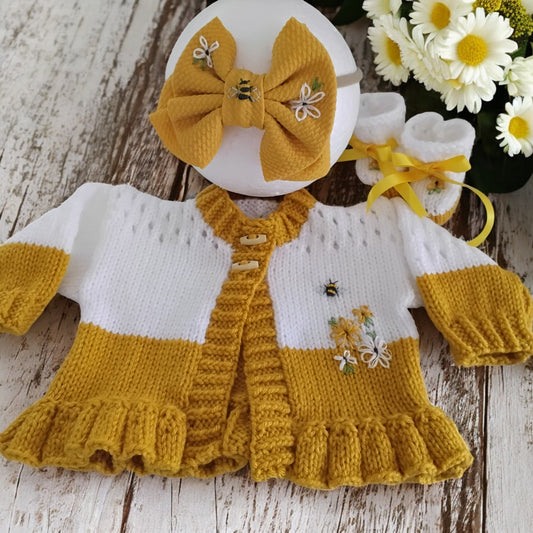 Hand Knitted Girls Cardigan Set with Bow Headband & Boots, Daisy & Bumblebee Embroidery