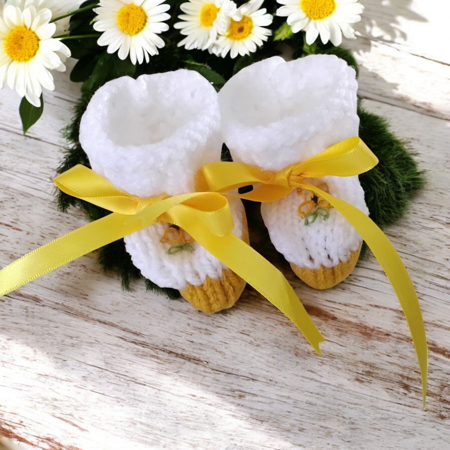 Hand Knitted Girls Cardigan Set with Bow Headband & Boots, Daisy & Bumblebee Embroidery